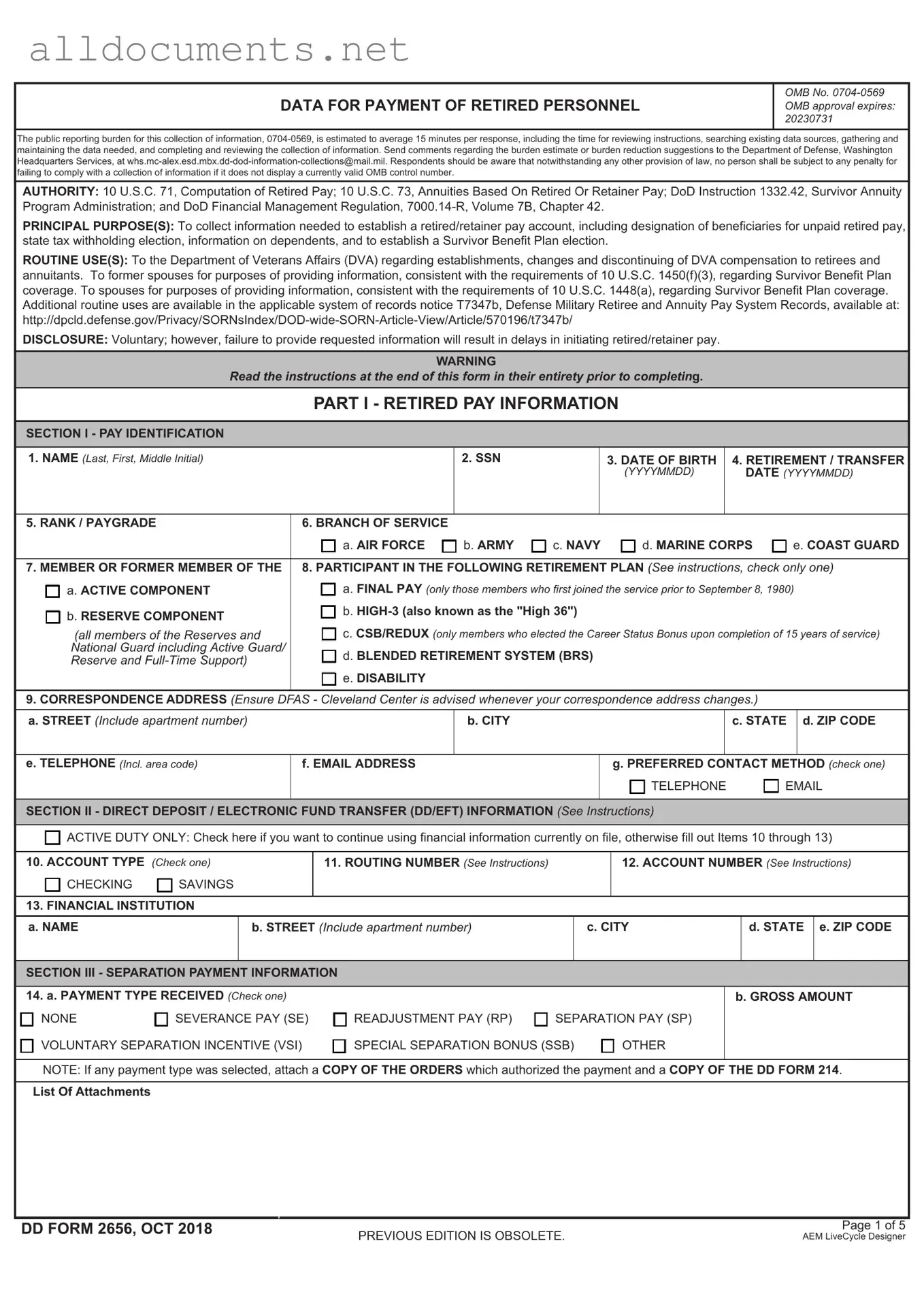 Fillable DD 2656 Template in PDF