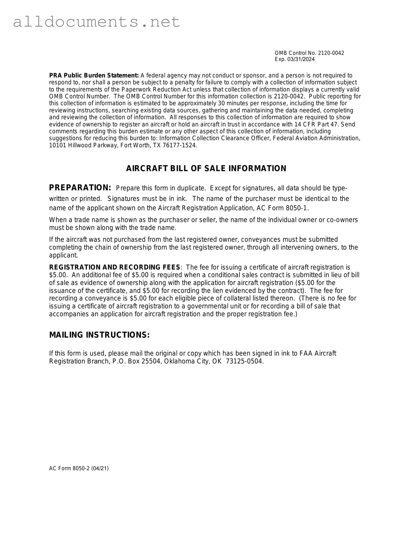 Fillable Aircraft Bill of Sale AC 8050-2 Template in PDF