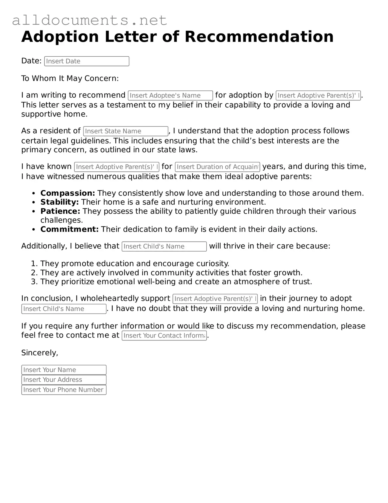 Free Adoption Letter of Recommendation Document