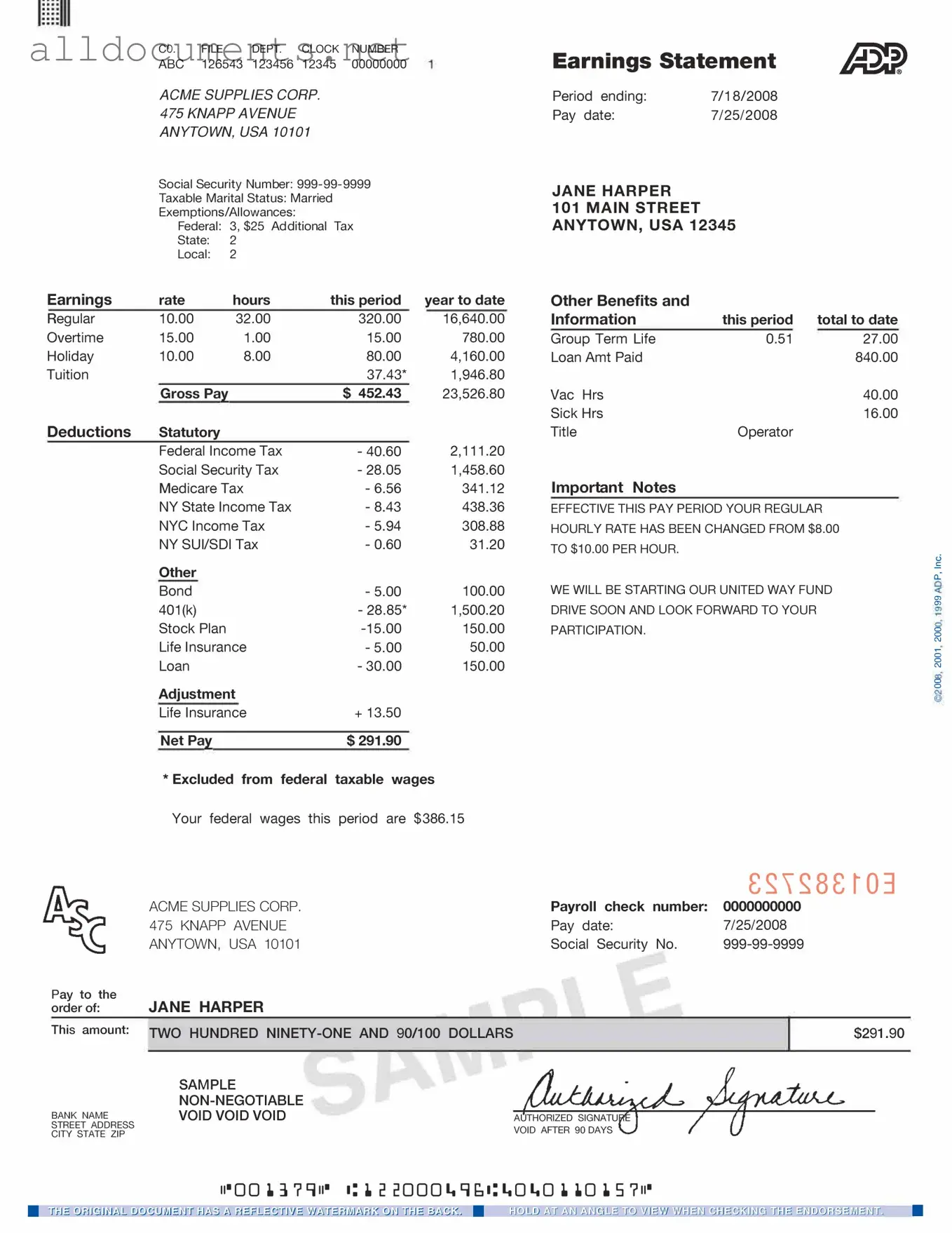 Fillable Adp Pay Stub Template in PDF