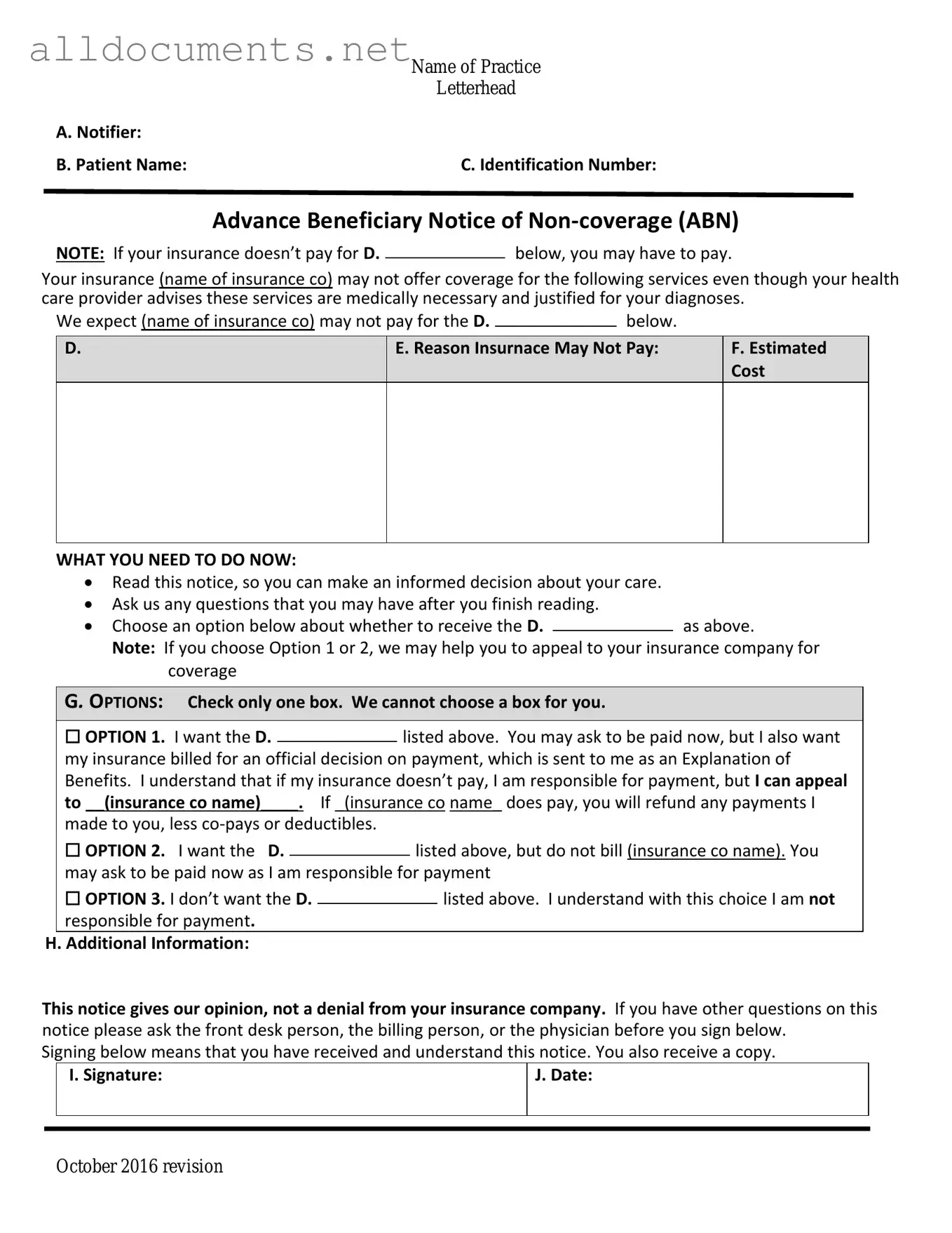 Fillable Advance Beneficiary Notice of Non-coverage Template in PDF