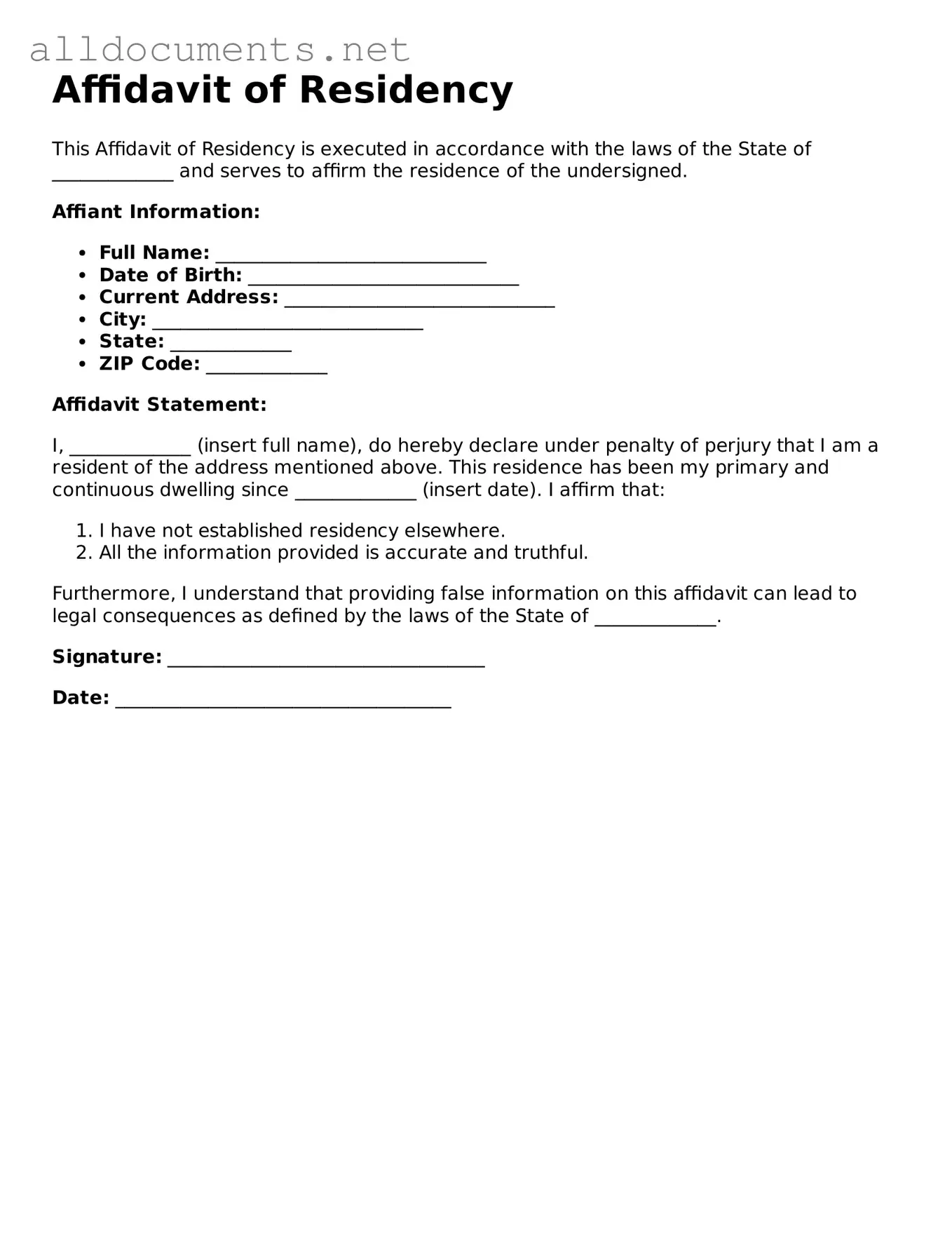 Free Affidavit of Residency Document