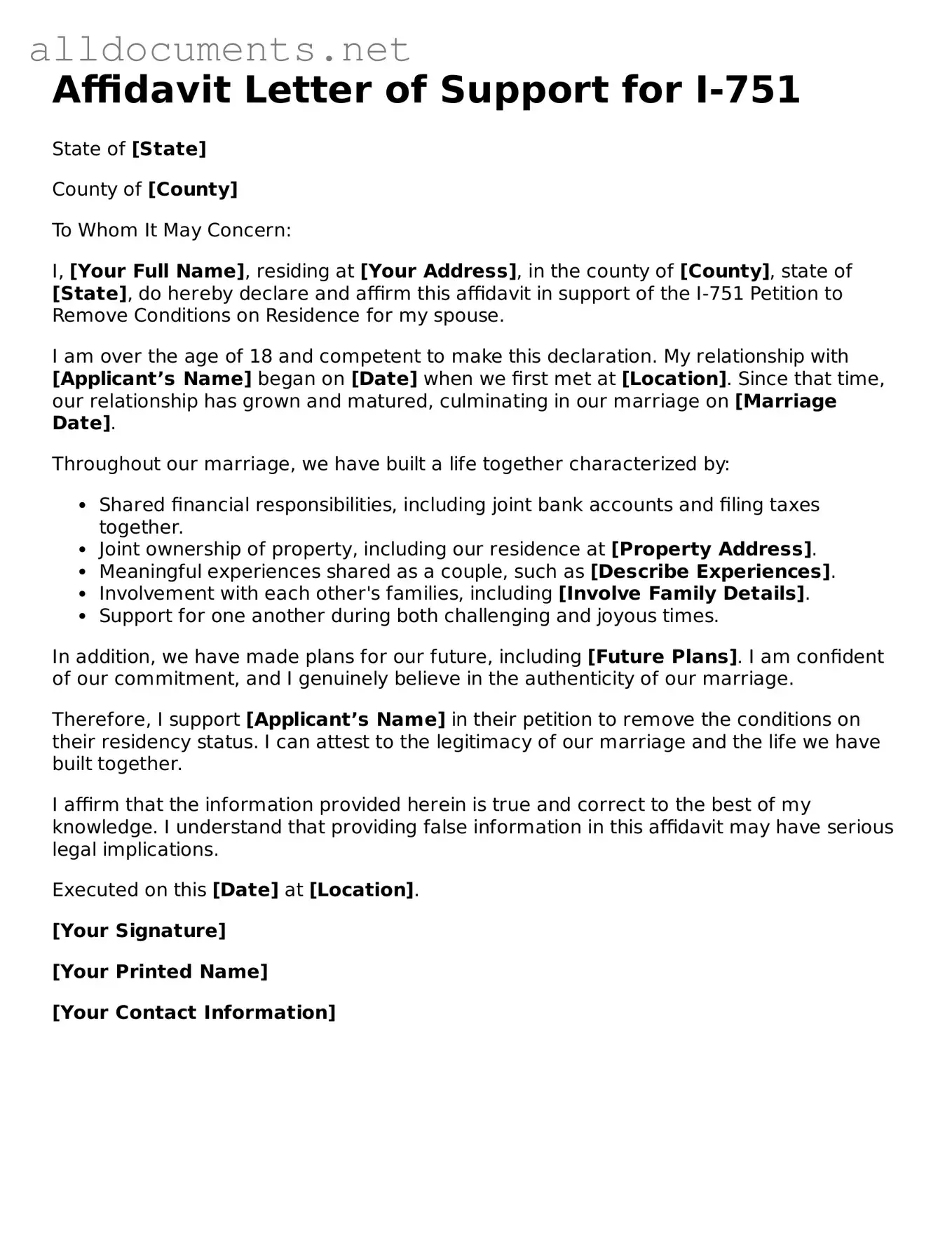 Free Affidavit Letter of Support for I-751 Document