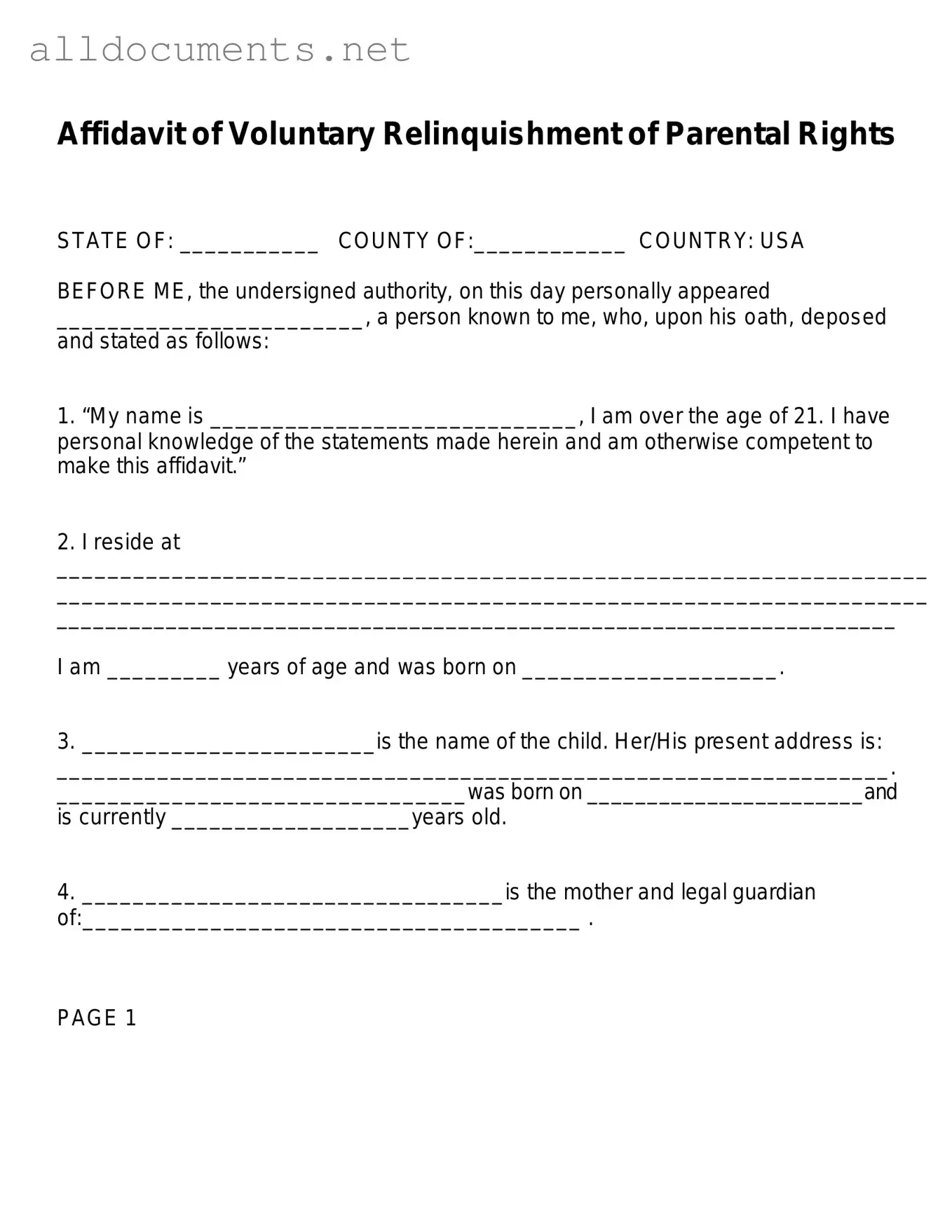 Fillable Affidavit Parental Rights Template in PDF