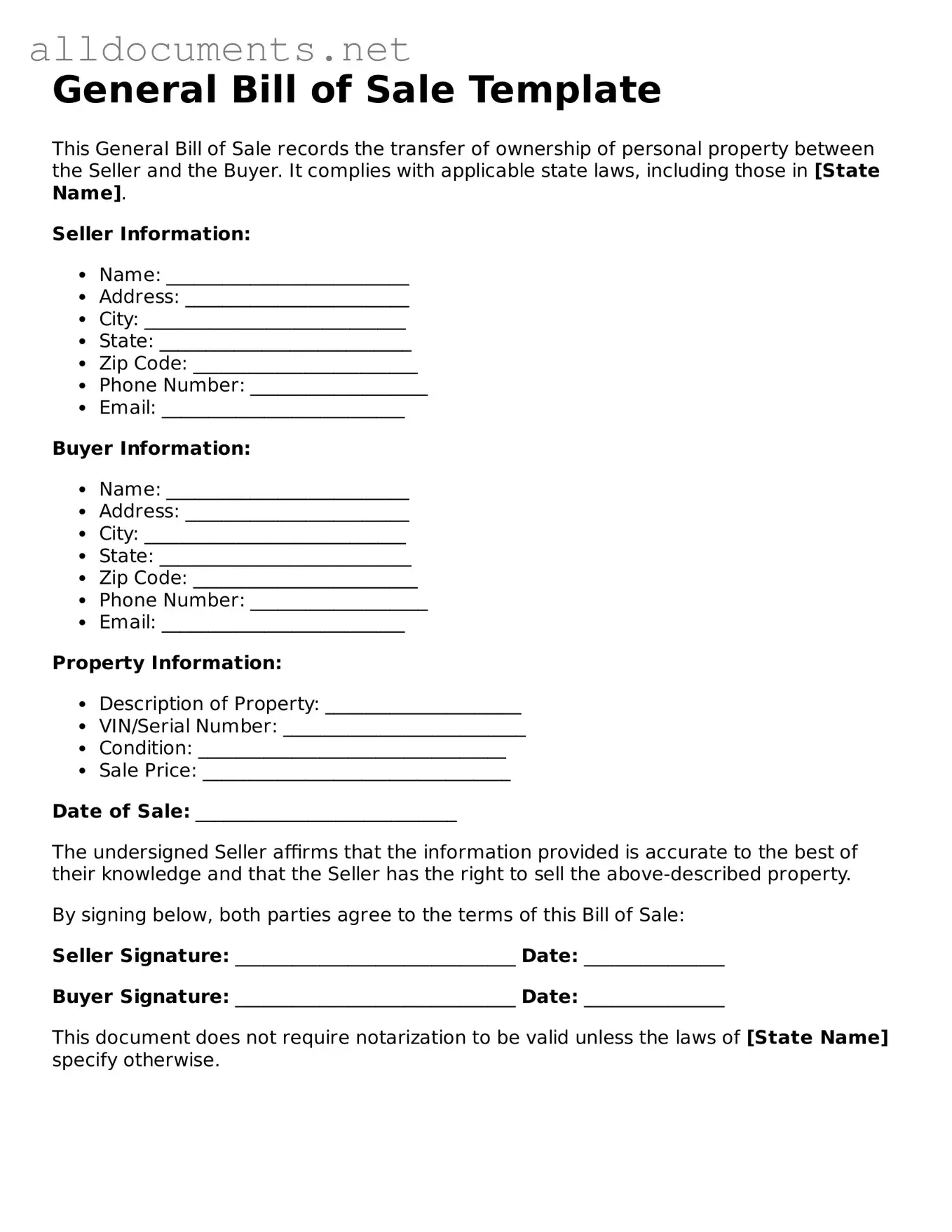 Free General Bill of Sale Document