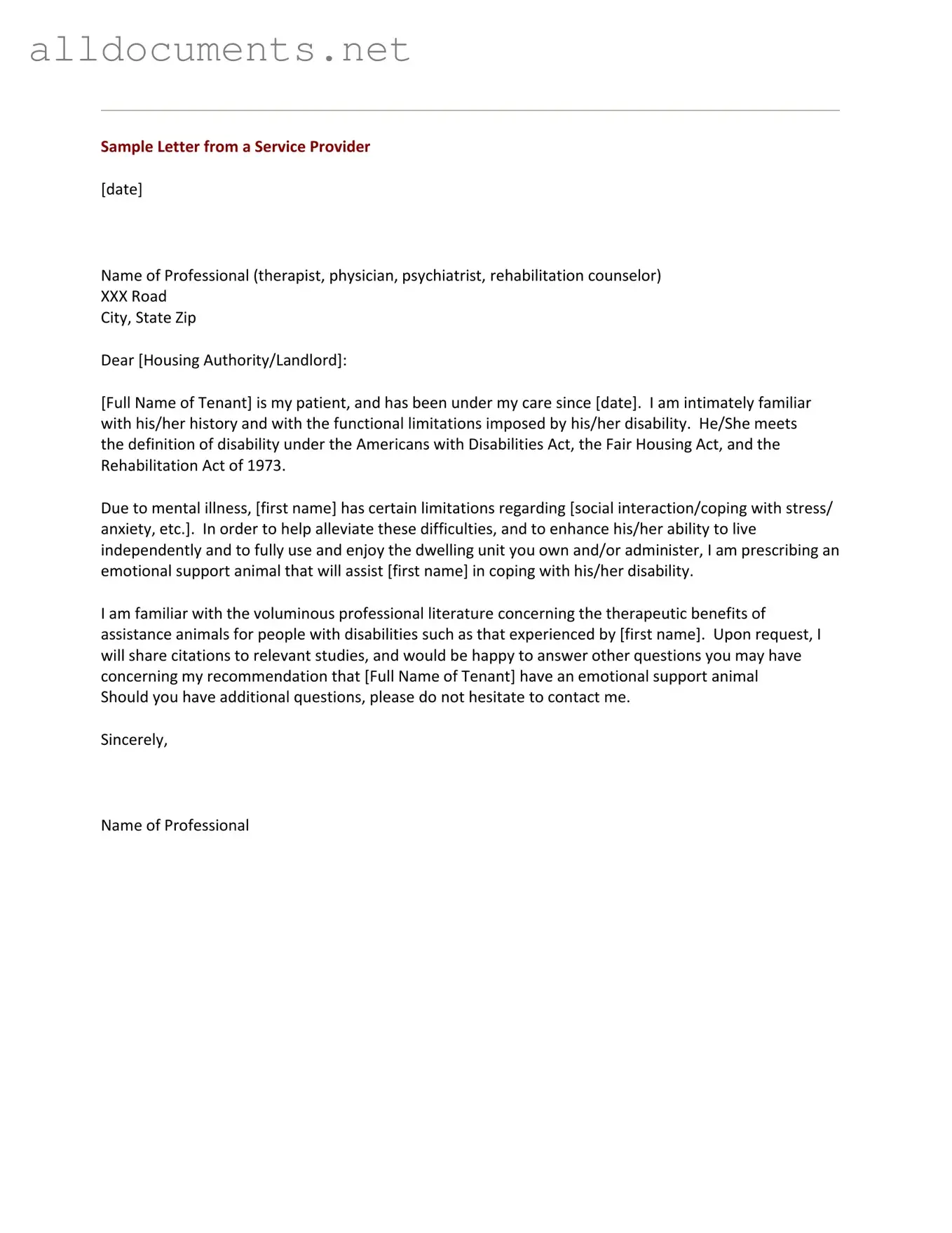Fillable Emotional Support Animal Letter Template in PDF