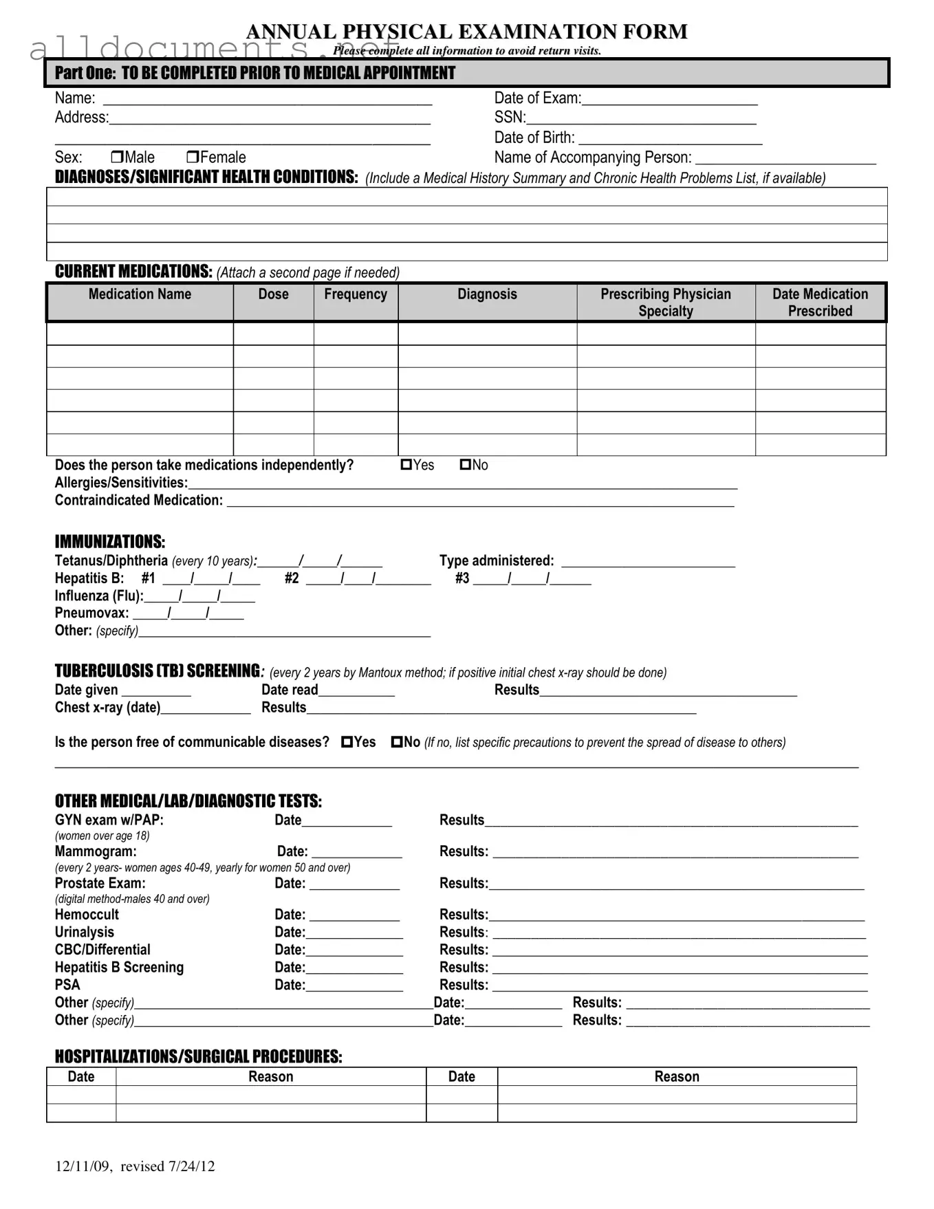 Fillable Annual Physical Examination Template in PDF