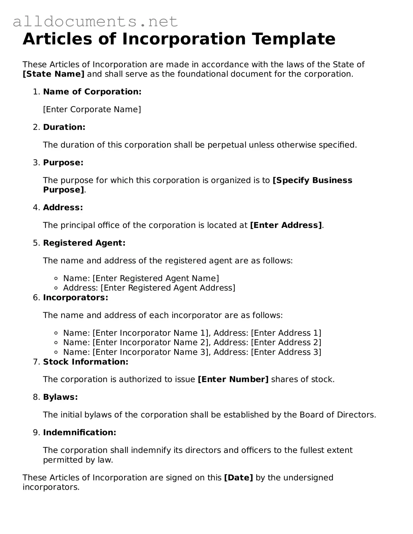 Free Articles of Incorporation Document