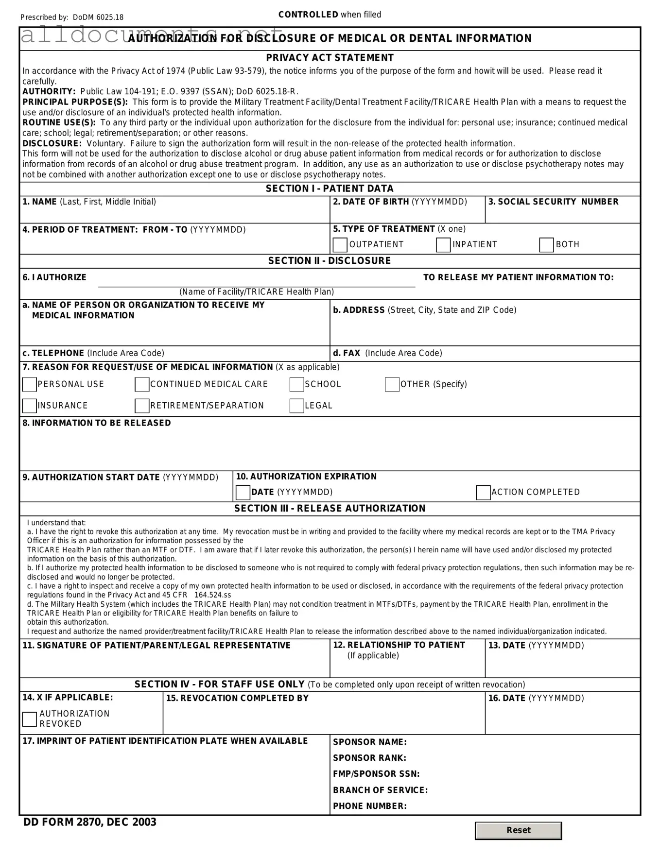 Fillable DD 2870 Template in PDF