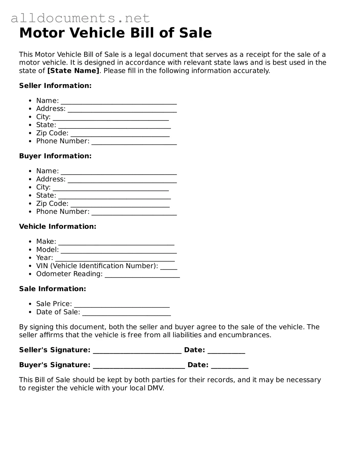 Free Motor Vehicle Bill of Sale Document