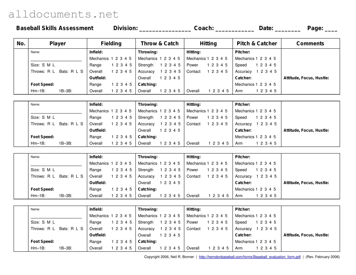 Fillable Baseball Assessment Template in PDF