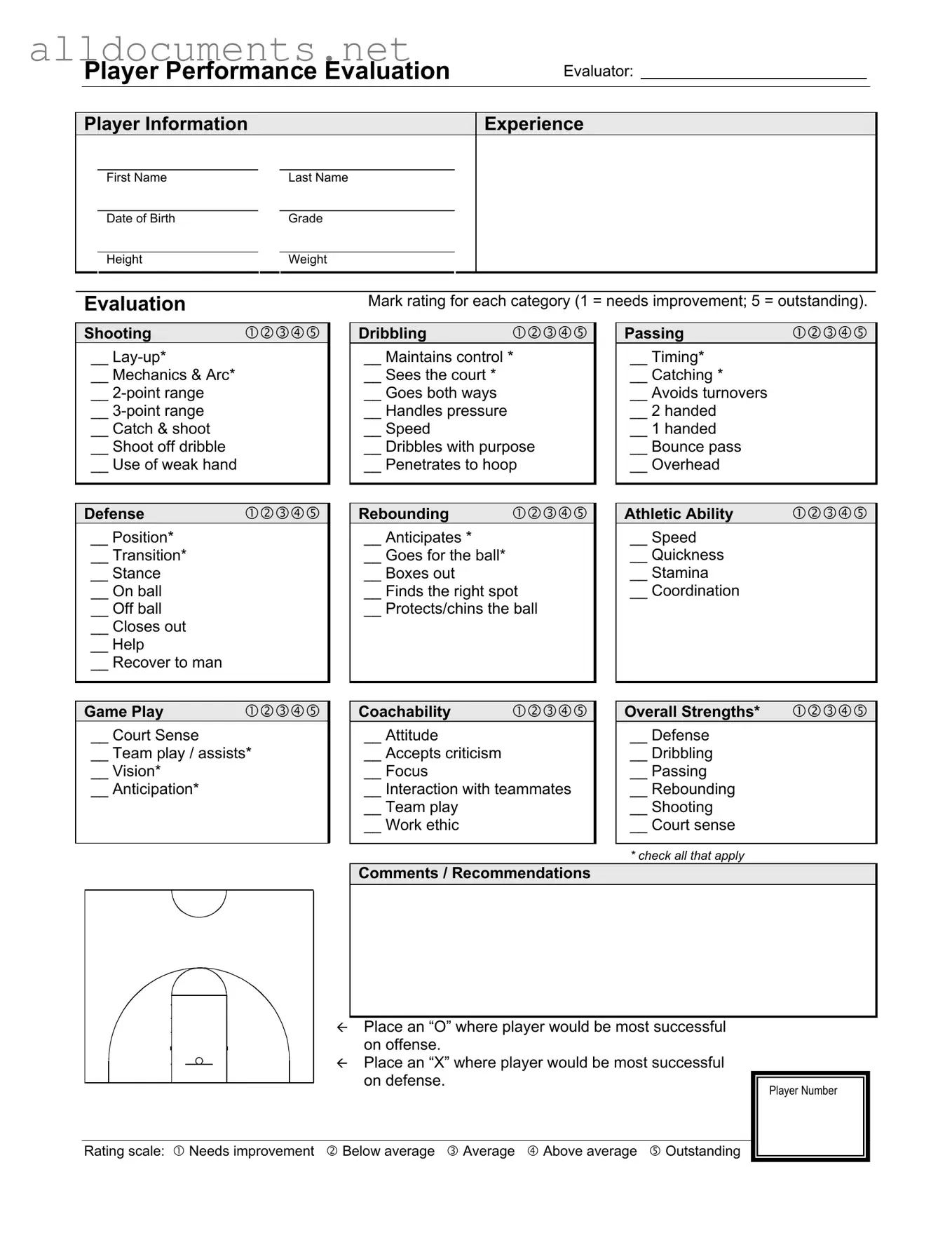 Fillable Basketball Evaluation Template in PDF