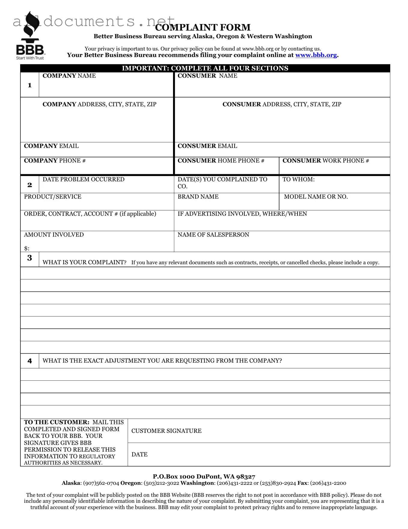 Fillable Bbb Complaint Template in PDF