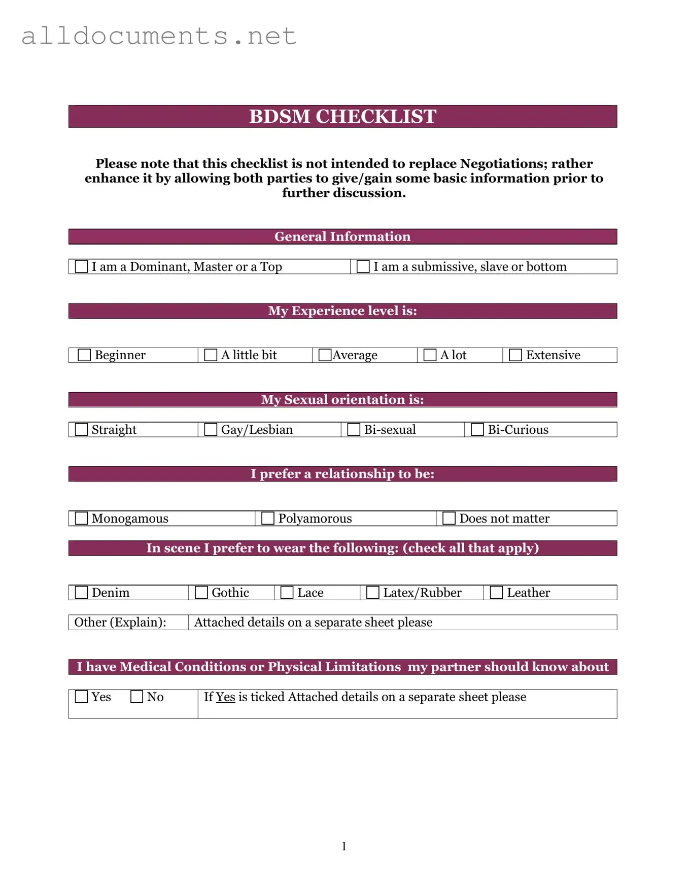 Fillable Bdsm Checklist Template in PDF