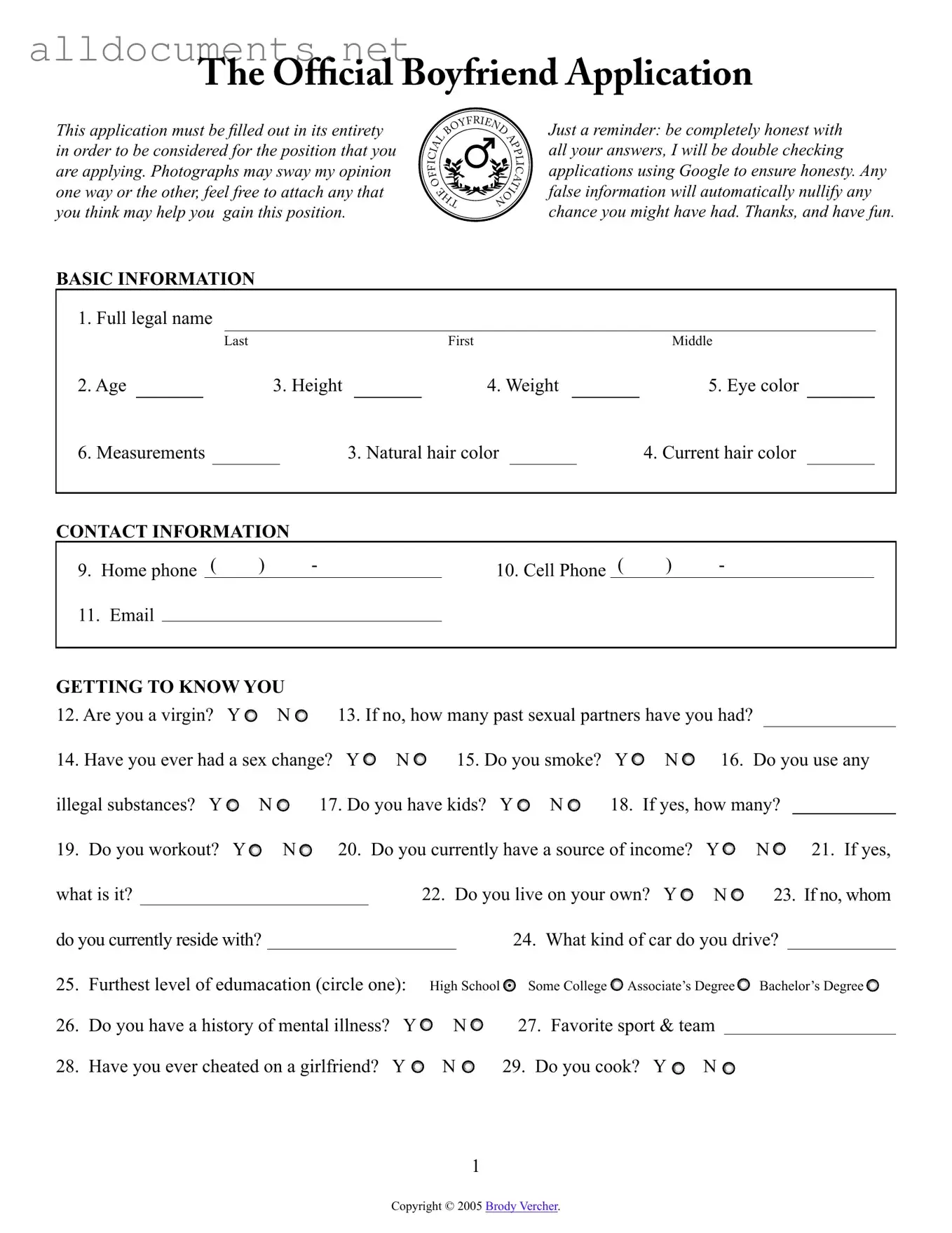 Fillable Boyfriend application form Template in PDF