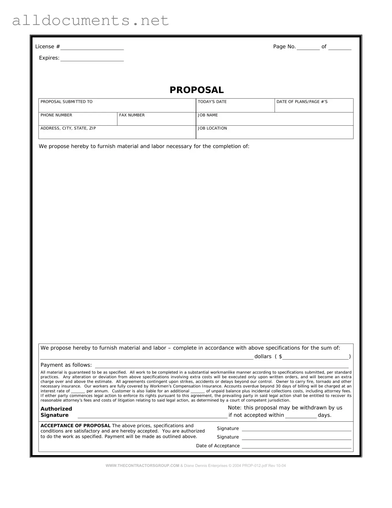 Fillable Construction proposal form Template in PDF