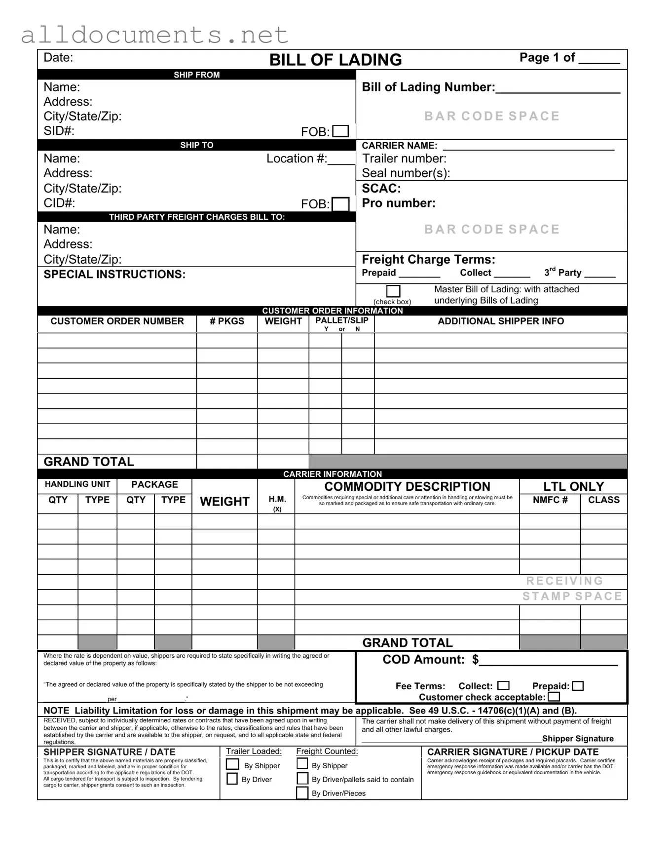 Fillable Bill of Lading with a Supplement Template in PDF