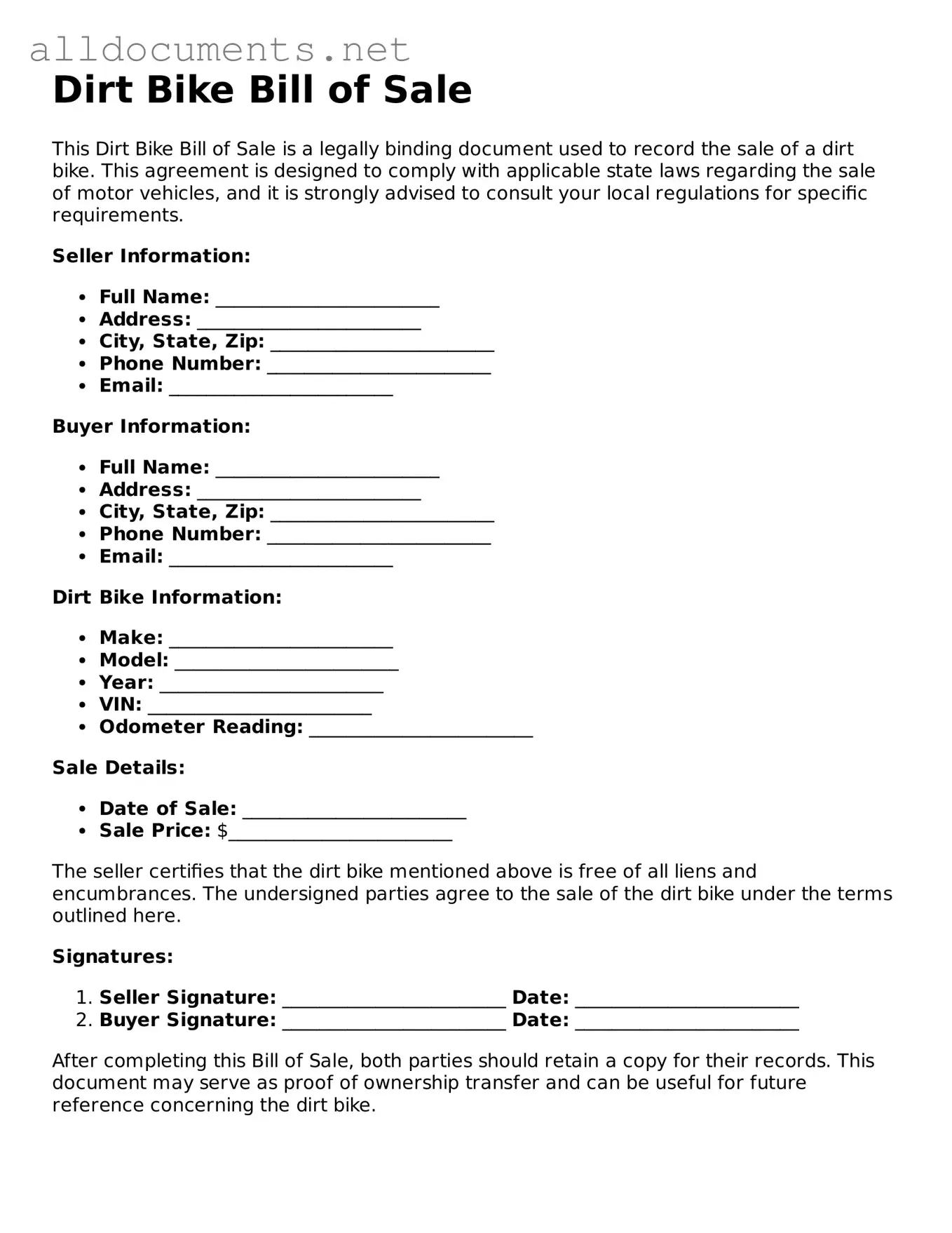 Free Dirt Bike Bill of Sale Document