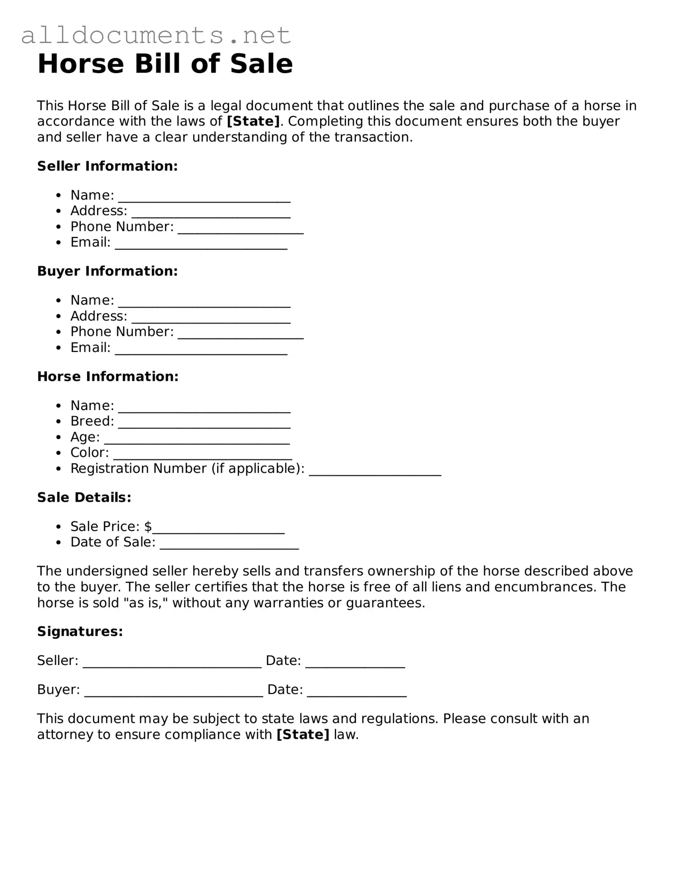 Free Horse Bill of Sale Document