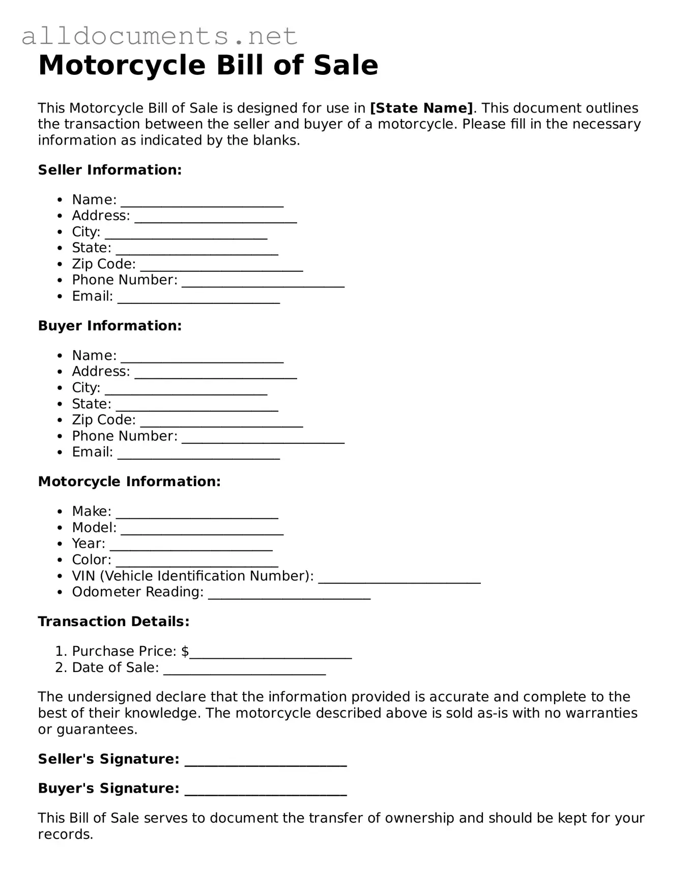 Free Motorcycle Bill of Sale Document