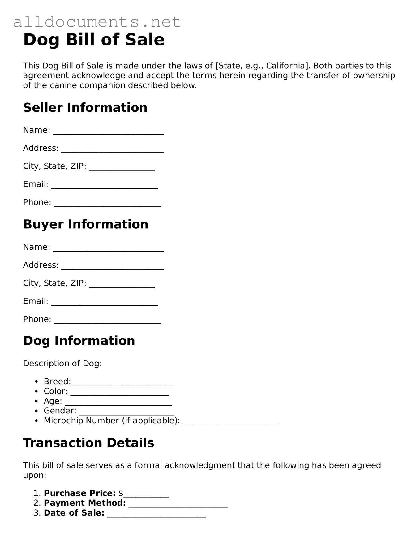 Free Dog Bill of Sale Document