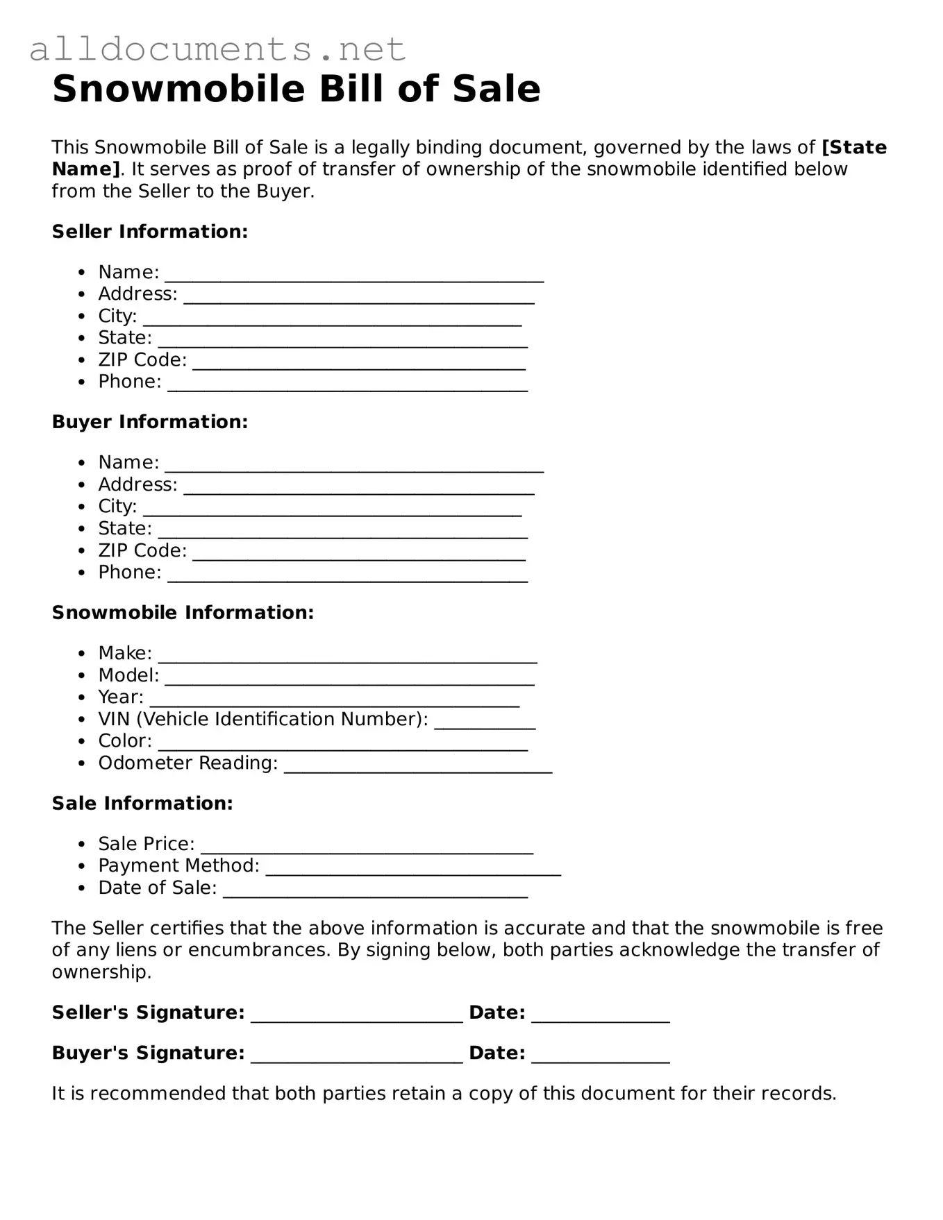 Free Snowmobile Bill of Sale Document