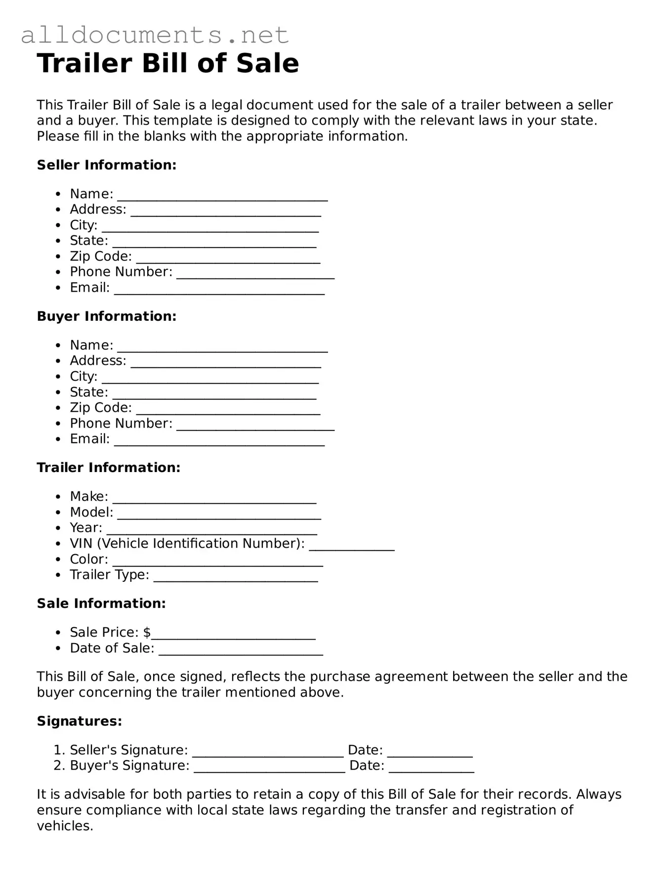 Free Trailer Bill of Sale Document