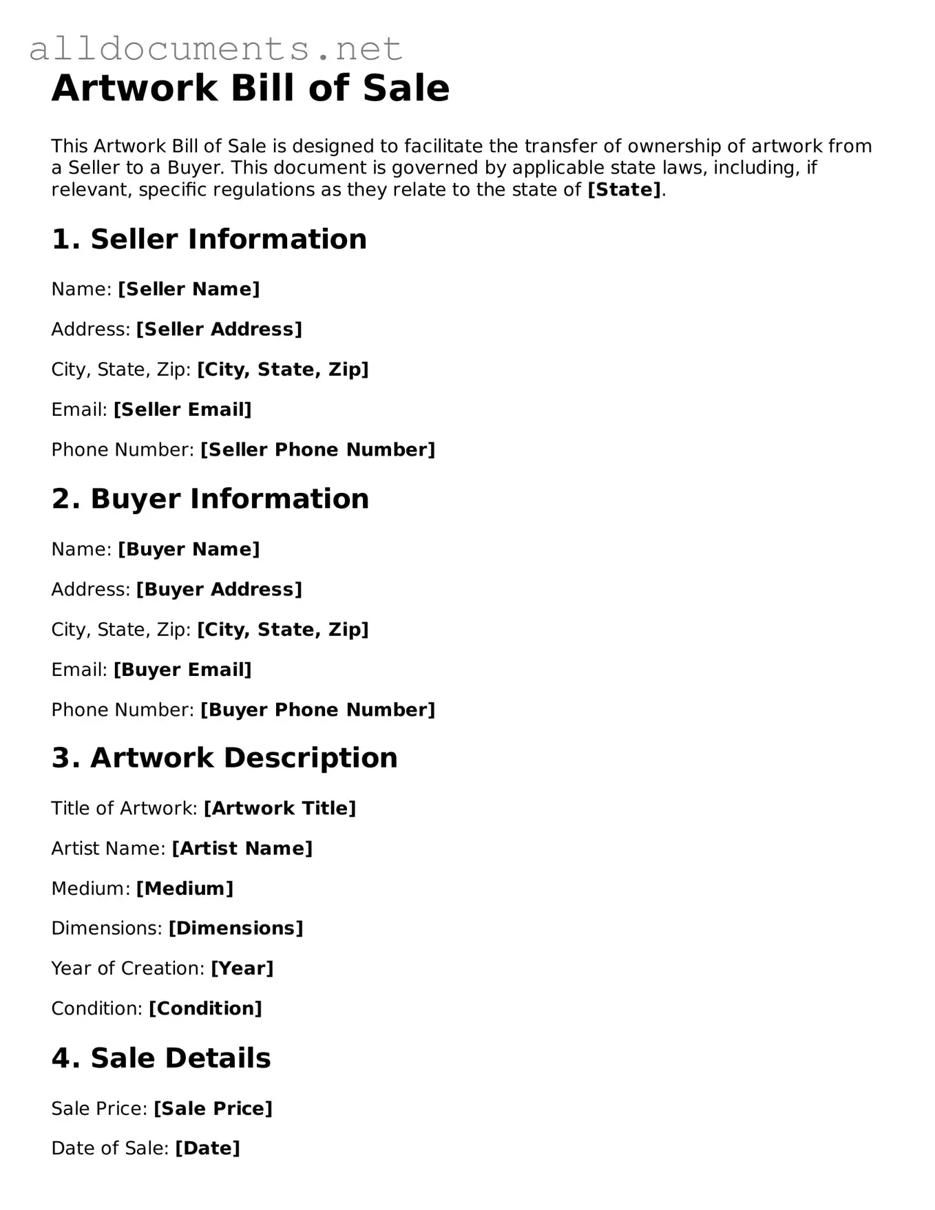 Free Artwork Bill of Sale Document