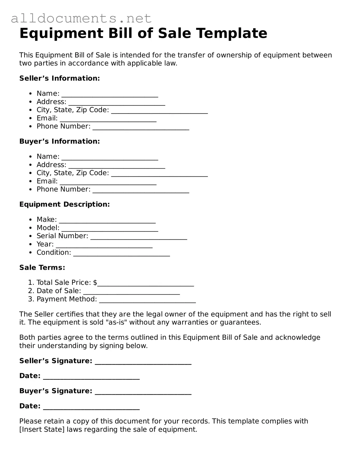 Free Equipment Bill of Sale Document