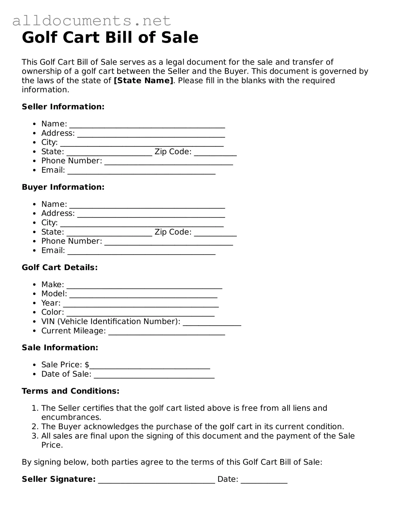 Free Golf Cart Bill of Sale Document