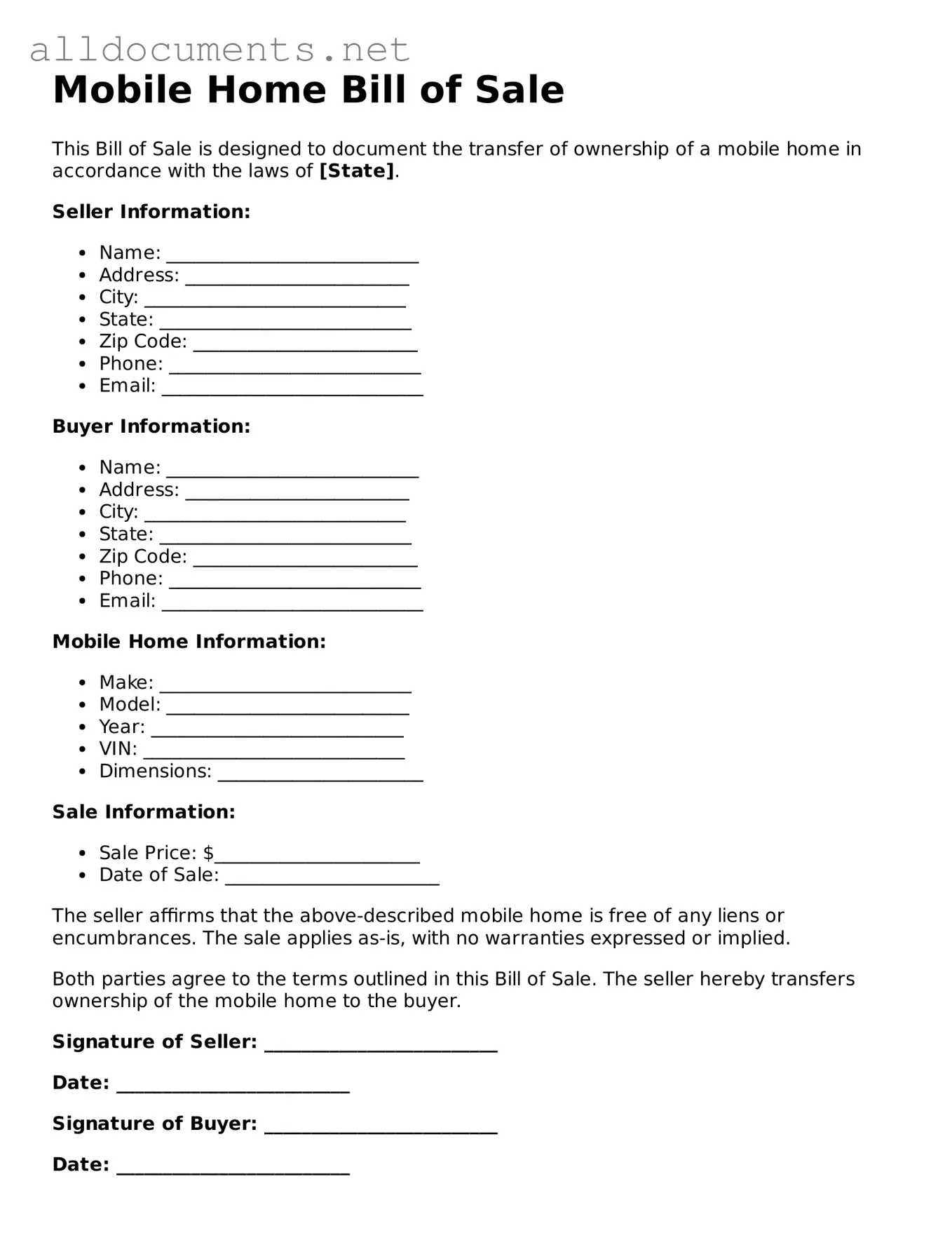 Free Mobile Home Bill of Sale Document