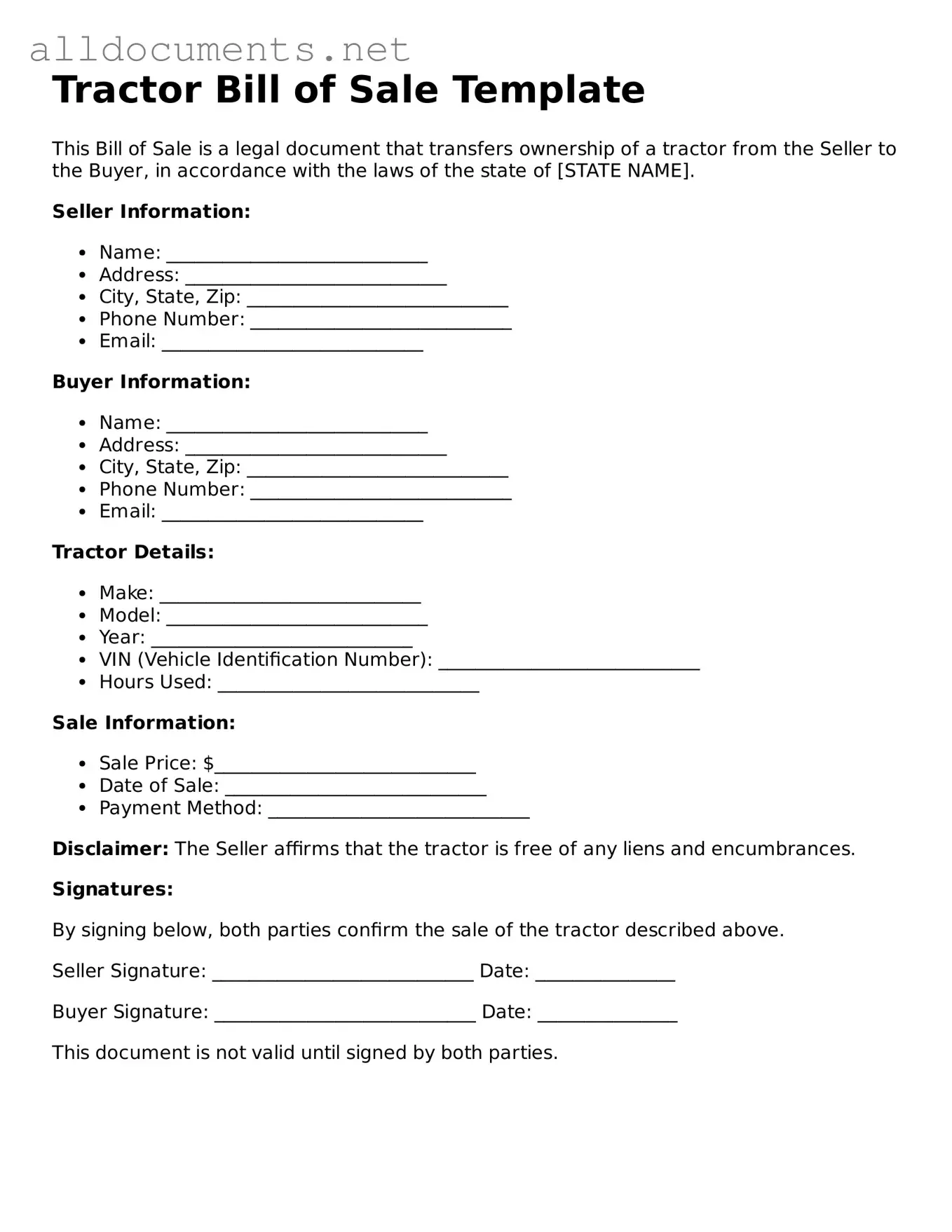 Free Tractor Bill of Sale Document