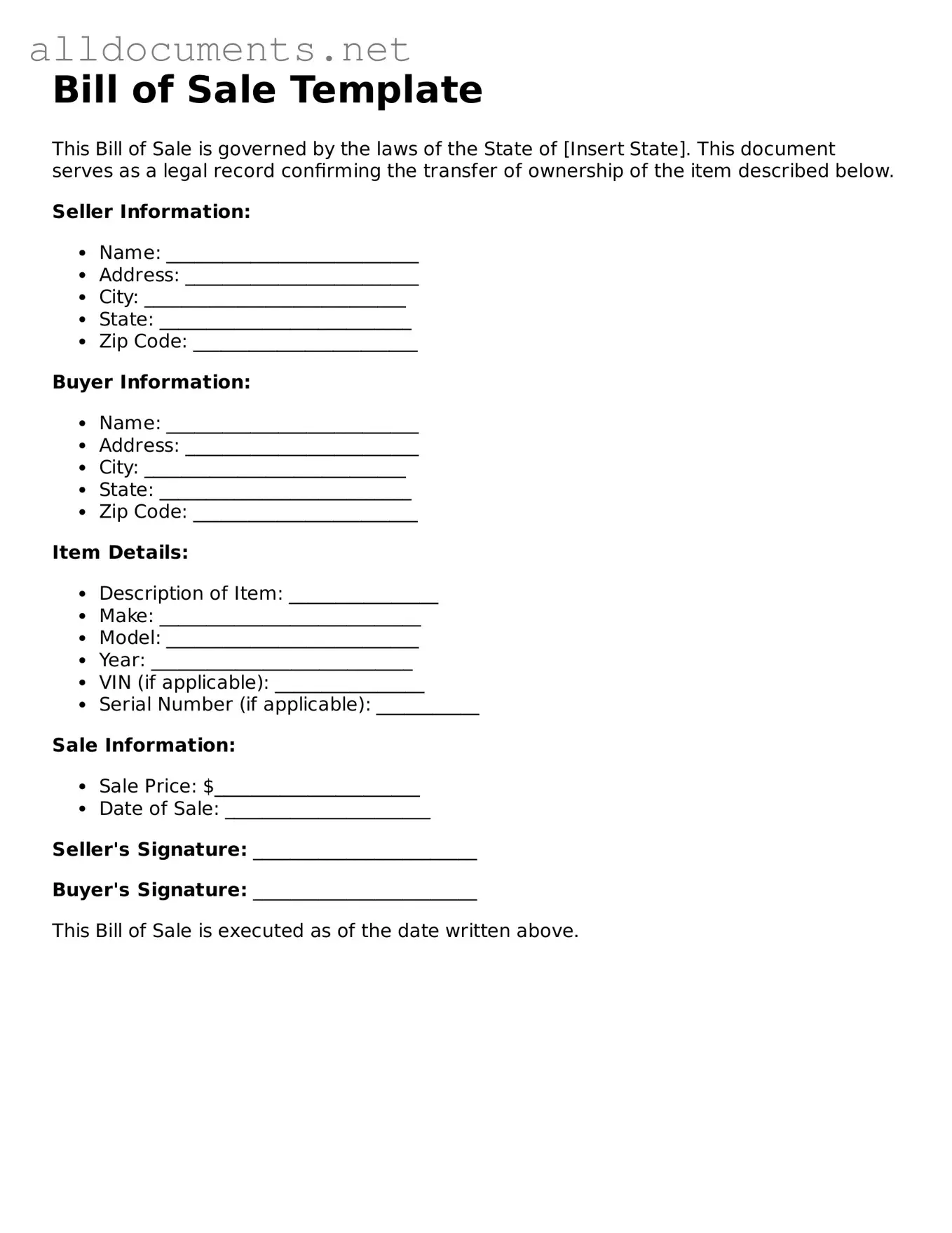 Free Bill of Sale Document