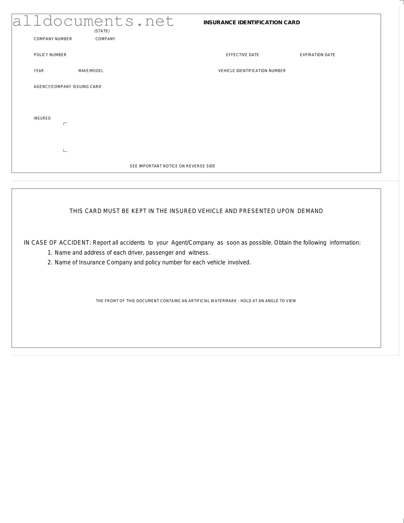 Fillable Auto Insurance Card Template in PDF
