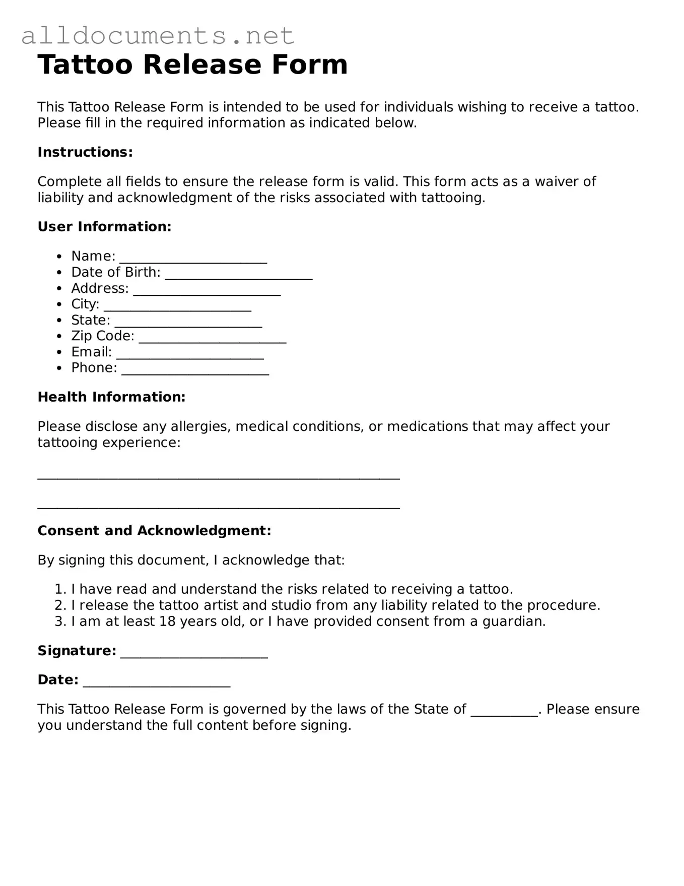 Free Tattoo Release Document