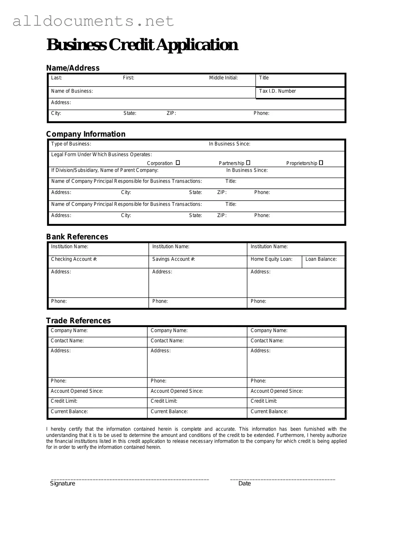Fillable Business Credit Application Template in PDF