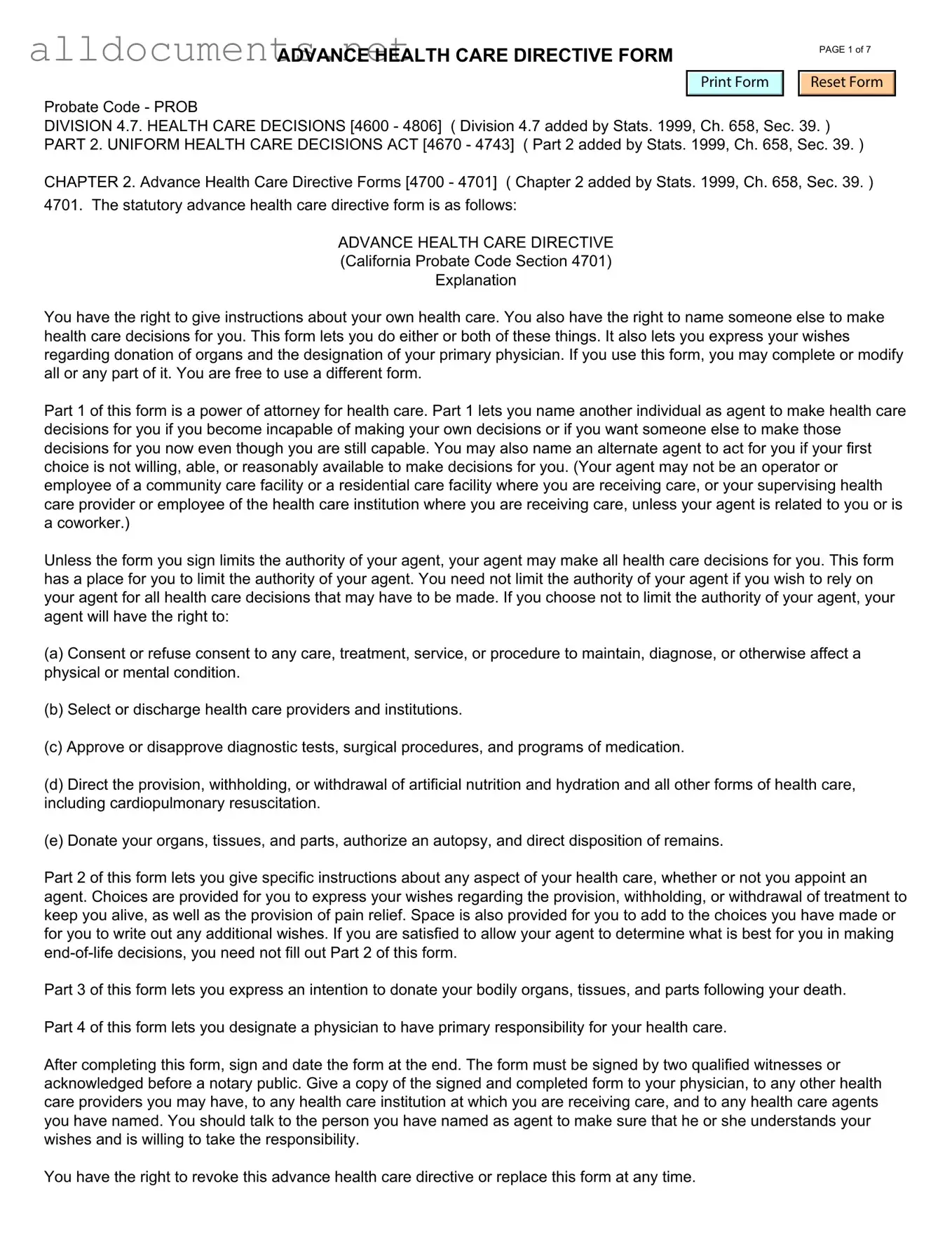 Fillable California Advanced Health Care Directive Template in PDF