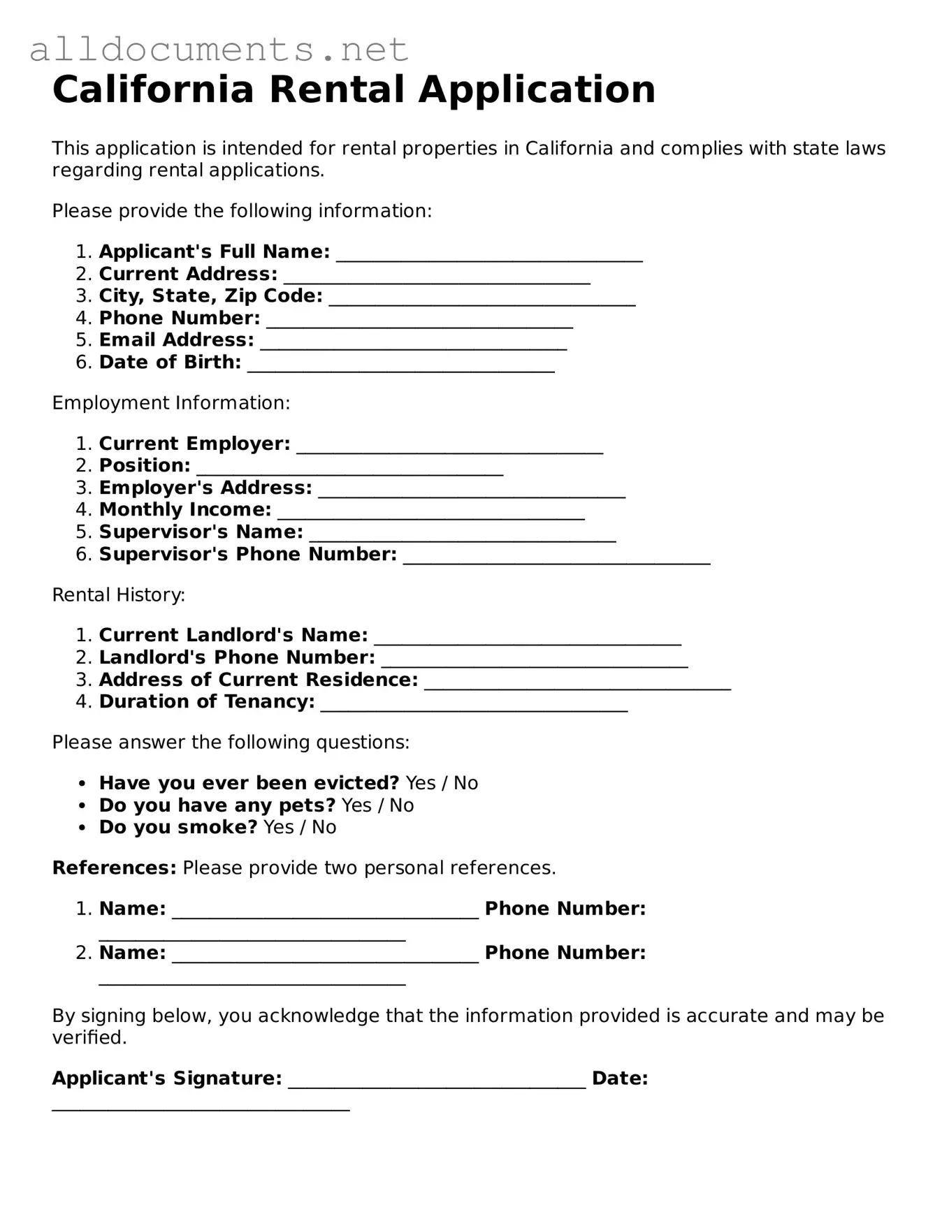 Official  Rental Application Template for California
