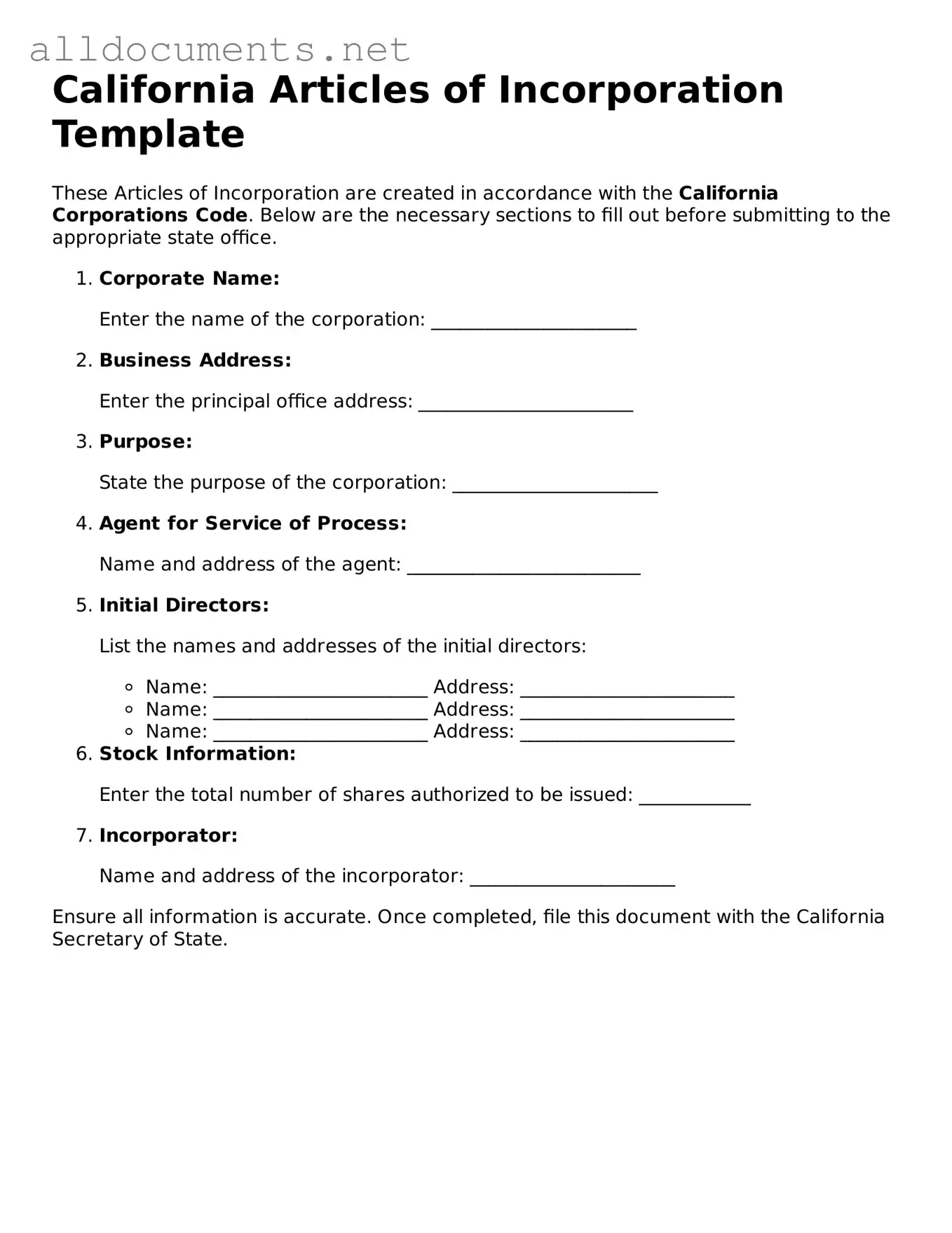 Official  Articles of Incorporation Template for California