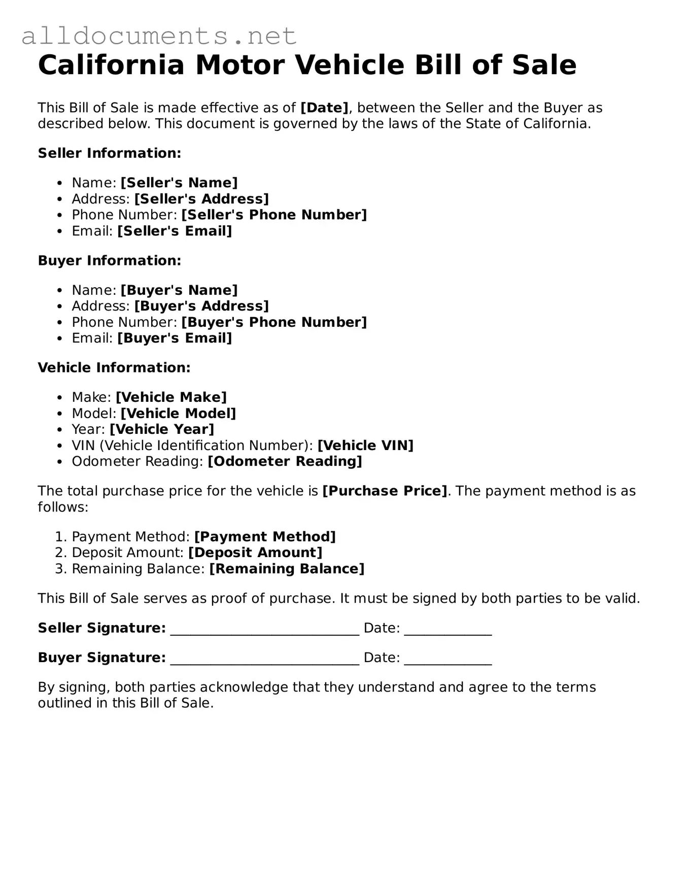 Official  Motor Vehicle Bill of Sale Template for California