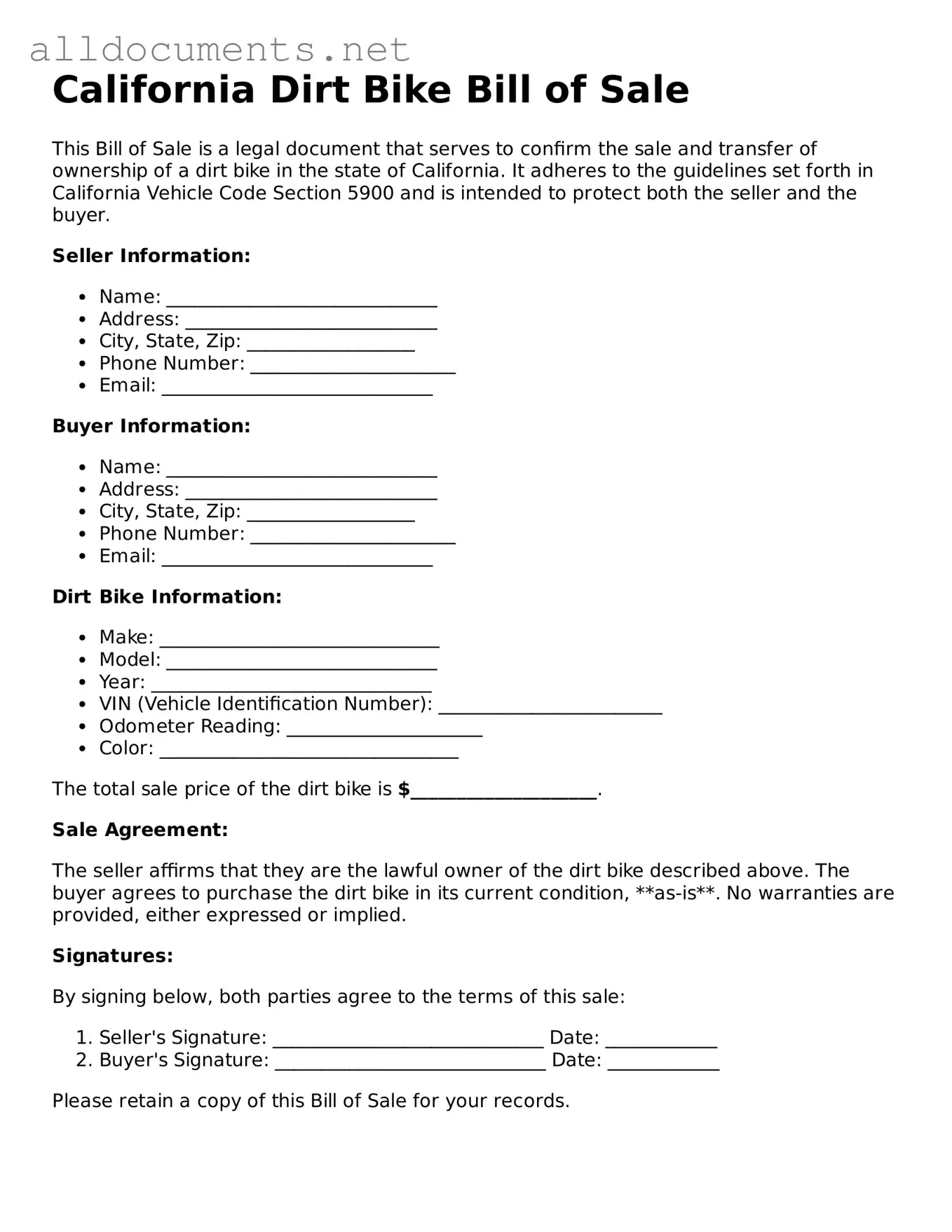 Official  Dirt Bike Bill of Sale Template for California