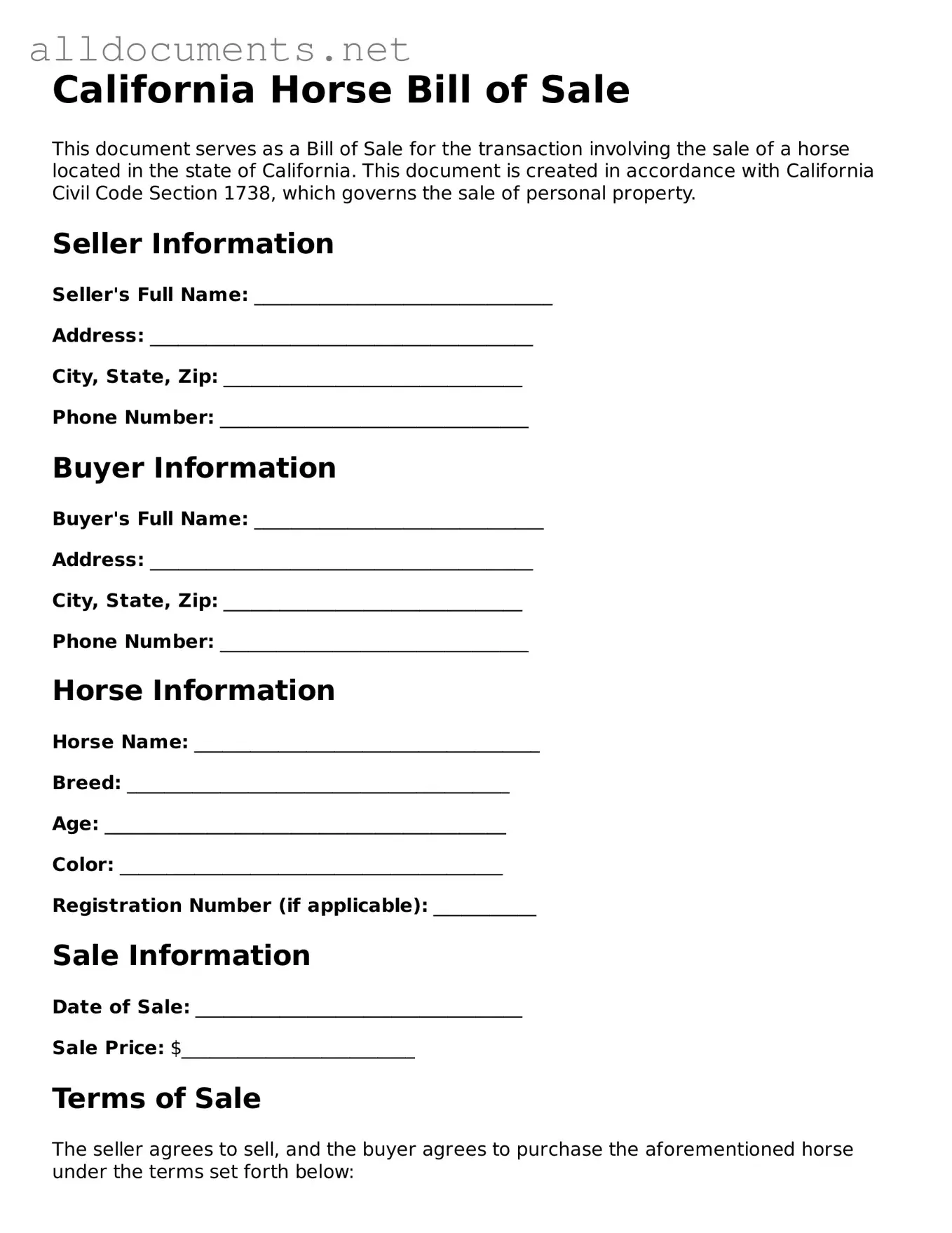 Official  Horse Bill of Sale Template for California