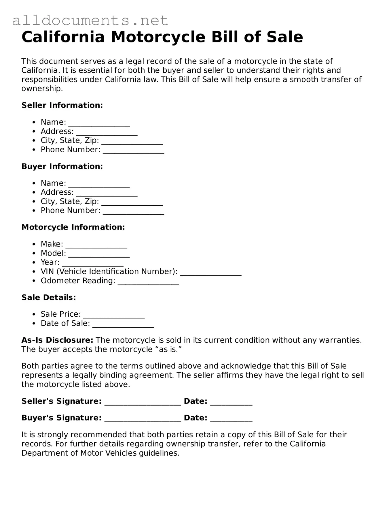 Official  Motorcycle Bill of Sale Template for California