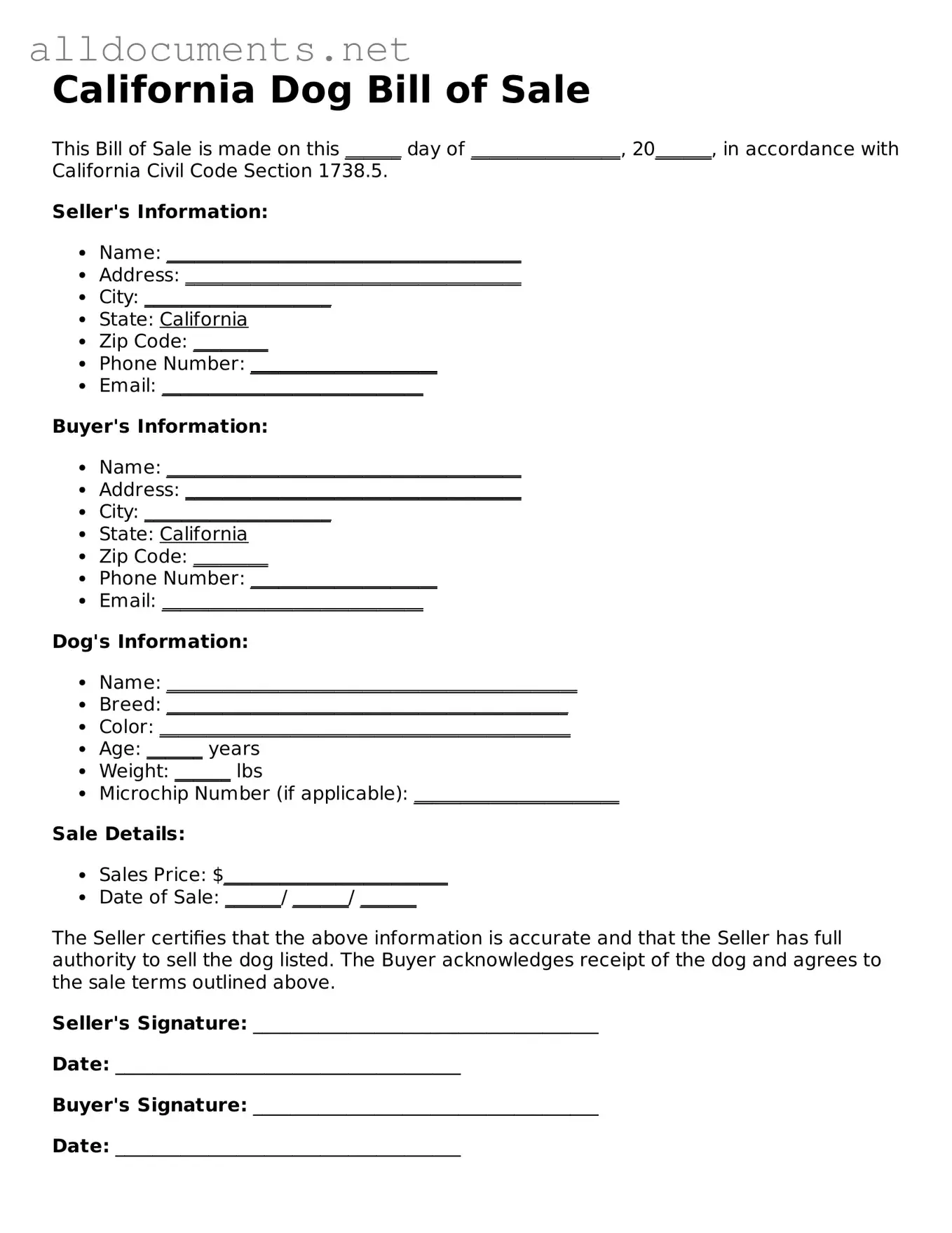 Official  Dog Bill of Sale Template for California