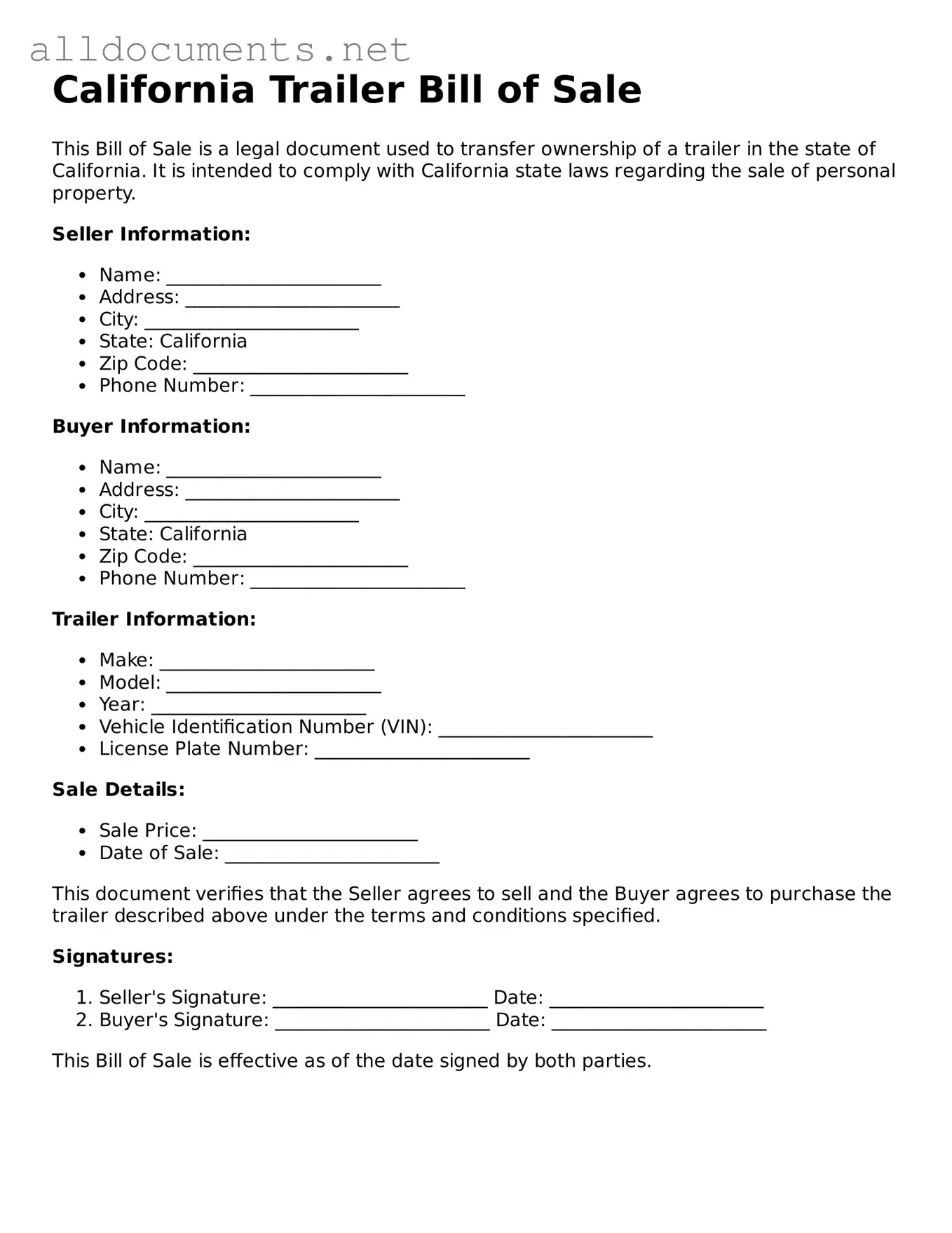 Official  Trailer Bill of Sale Template for California