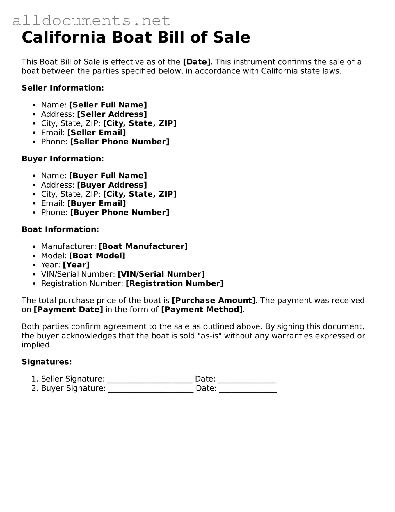 Official  Boat Bill of Sale Template for California