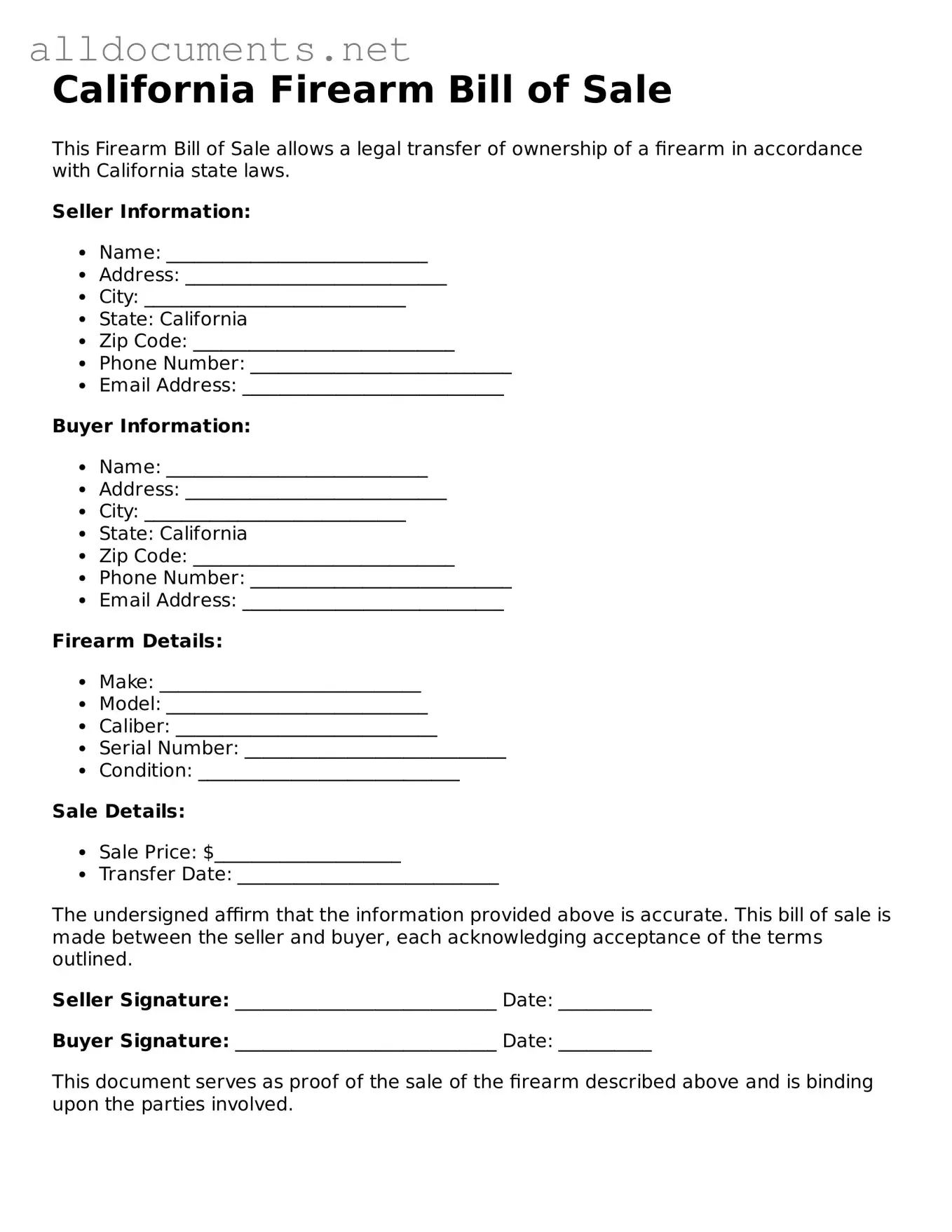 Official  Firearm Bill of Sale Template for California