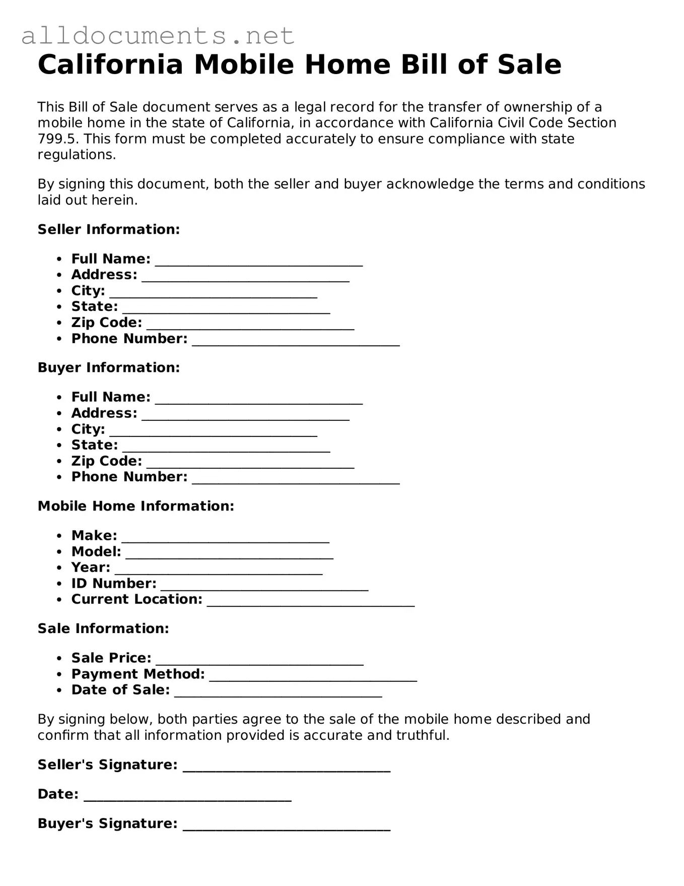 Official  Mobile Home Bill of Sale Template for California