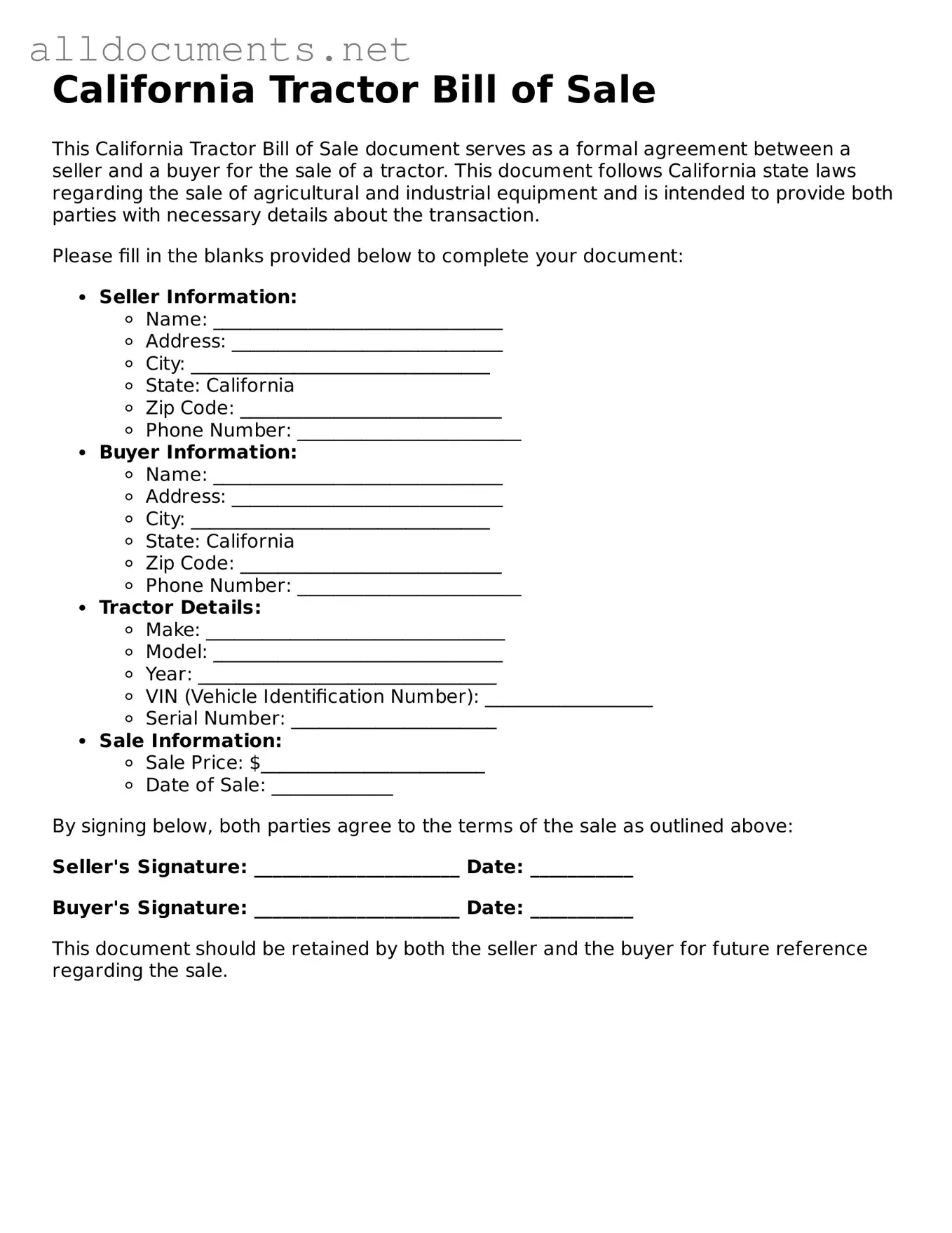 Official  Tractor Bill of Sale Template for California