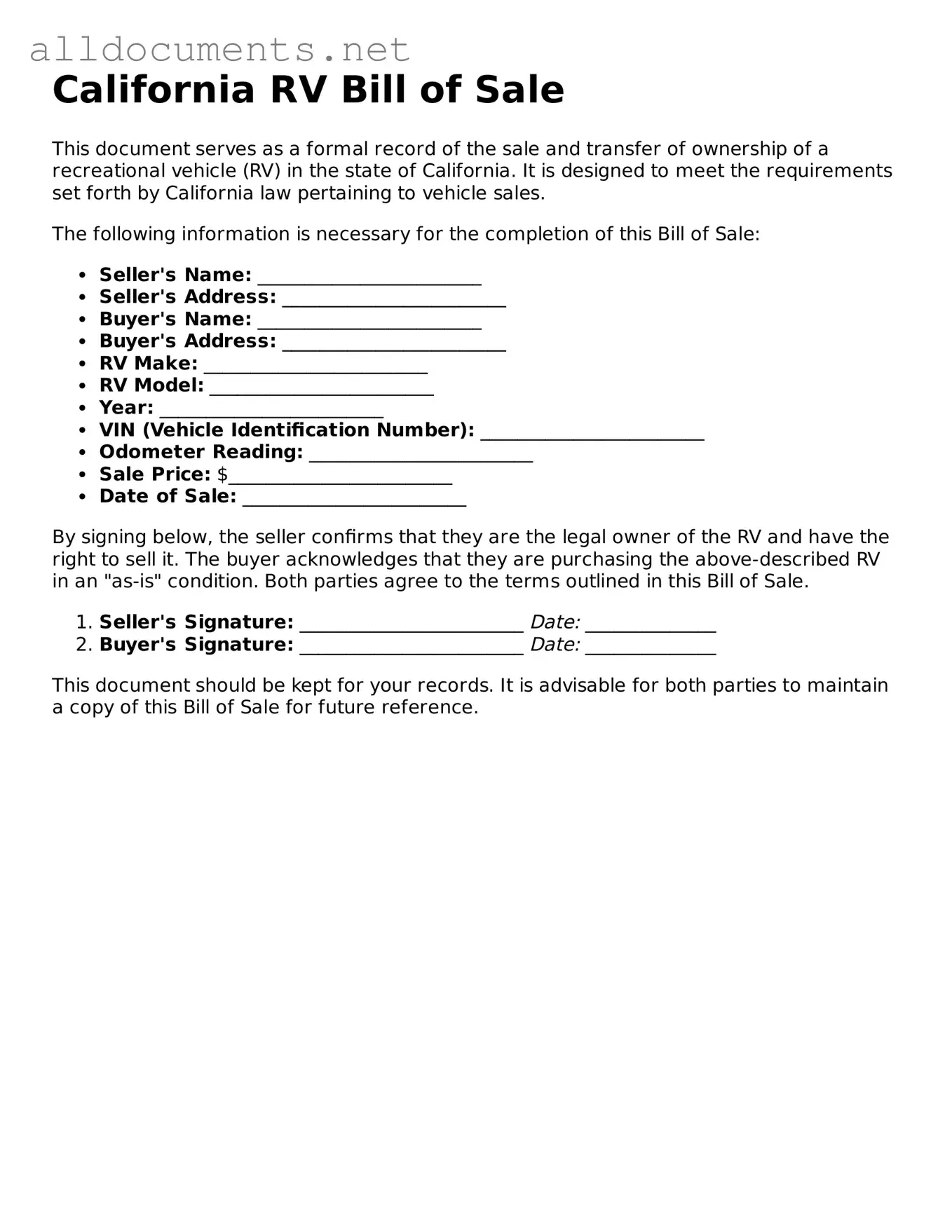 Official  RV Bill of Sale Template for California